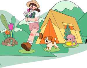 春日郊游插画：女孩与狗狗的露营时光
