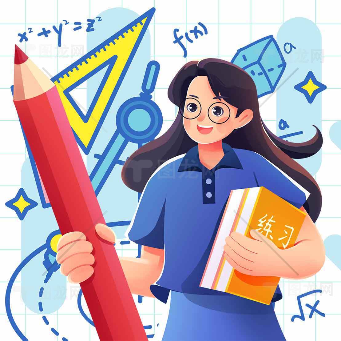 学习主题插画：学生与数学工具素材