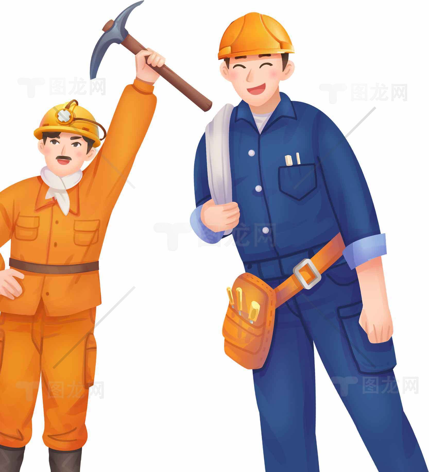 工人卡通插画：建筑与维修主题素材