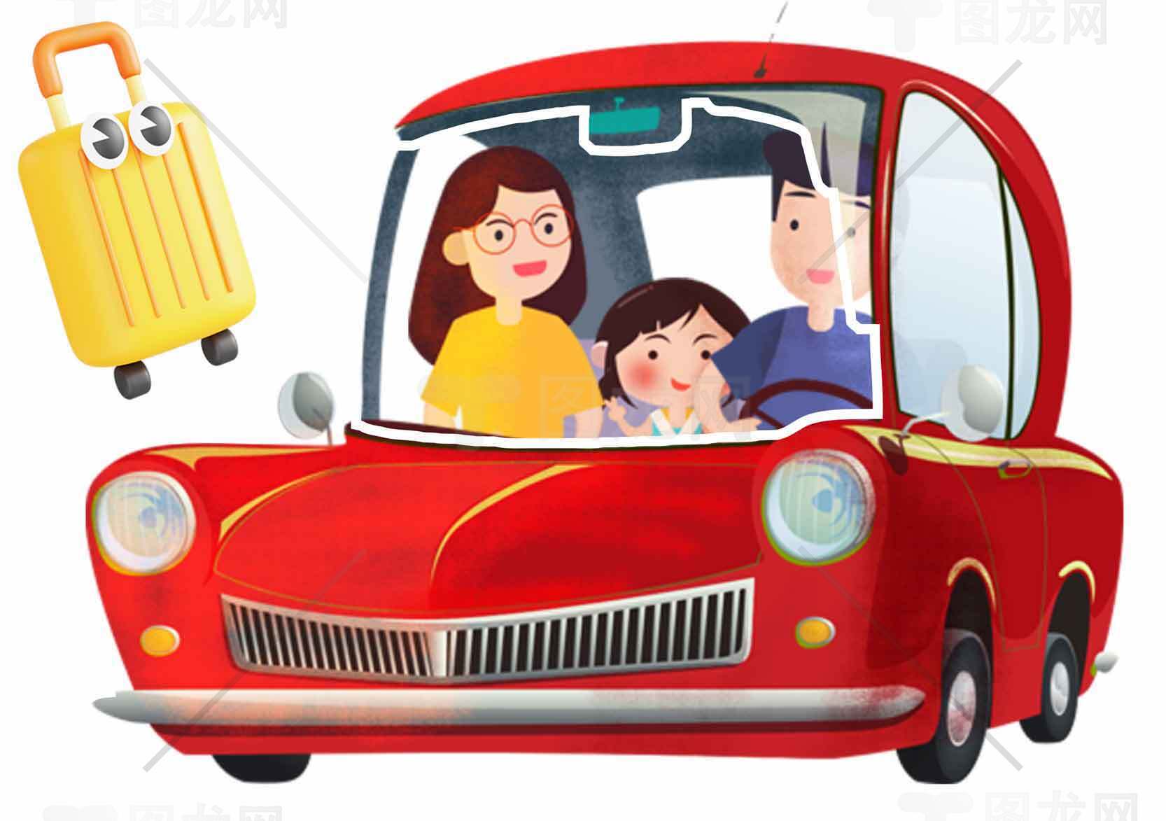 家庭自驾游卡通插画：红色汽车与行李箱素材