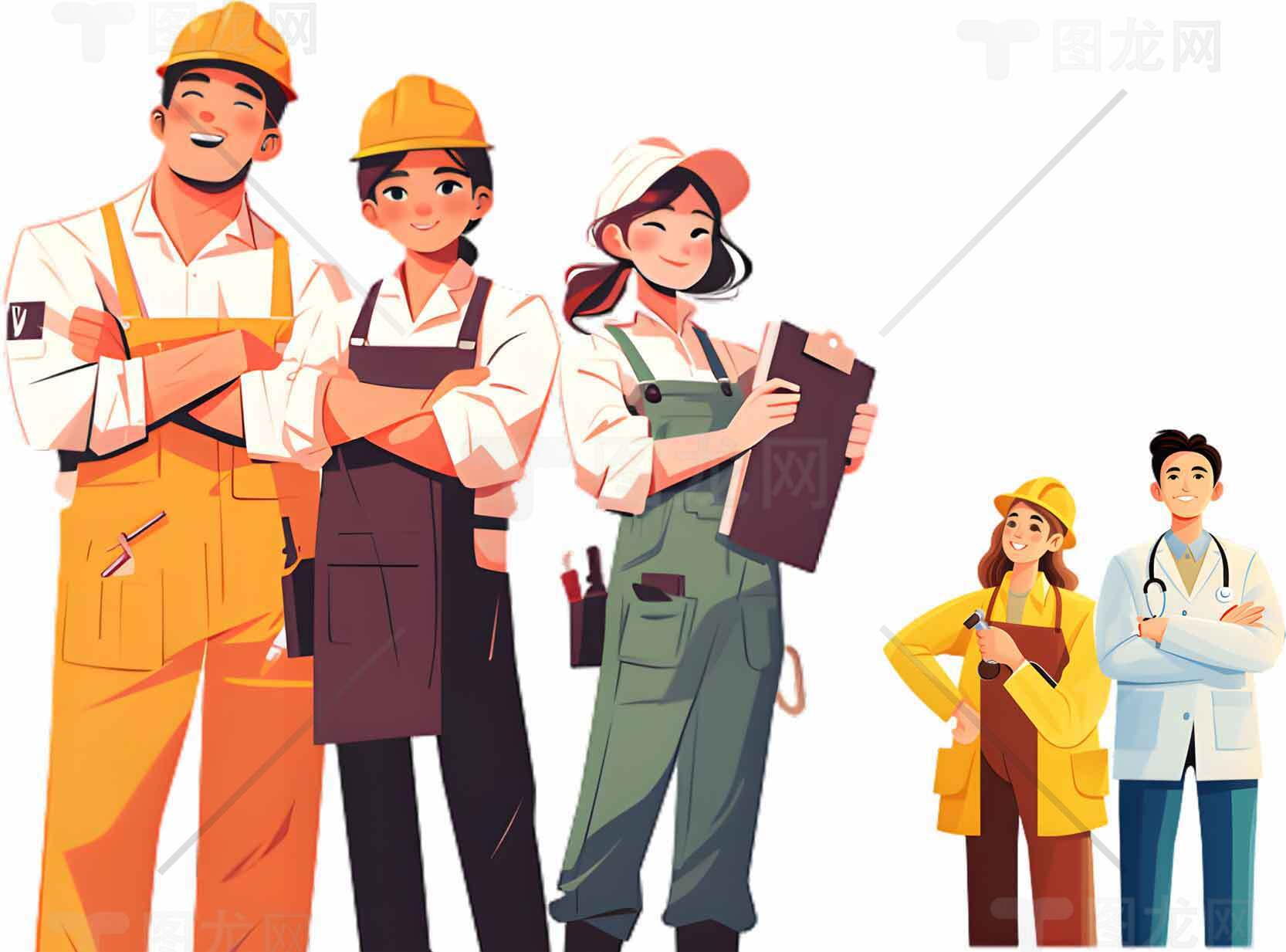 多职业团队插画：工程师、医生与工人形象素材