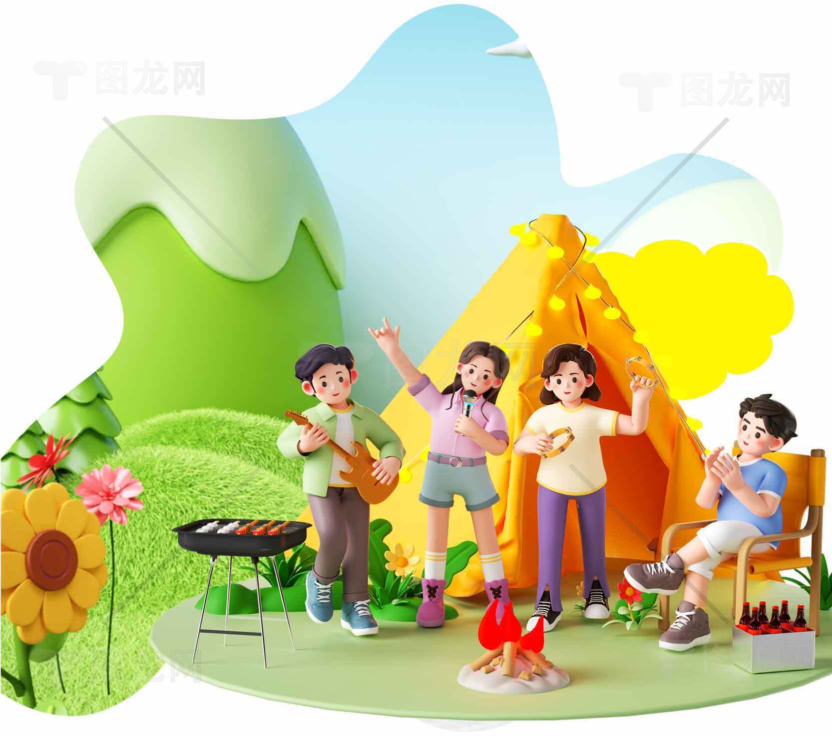 家庭户外露营烧烤活动插画素材