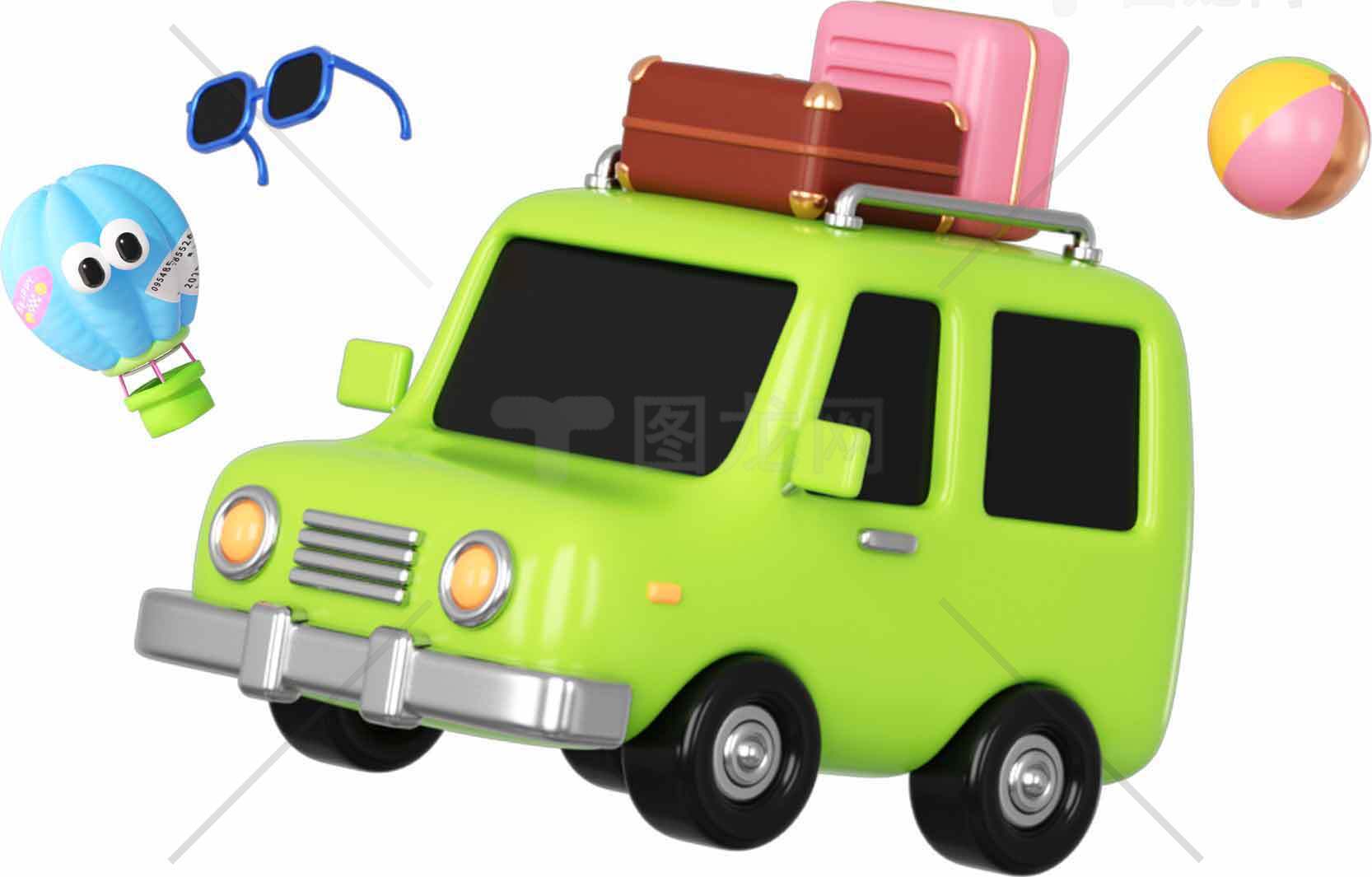 绿色旅行车与夏日旅行元素插画素材