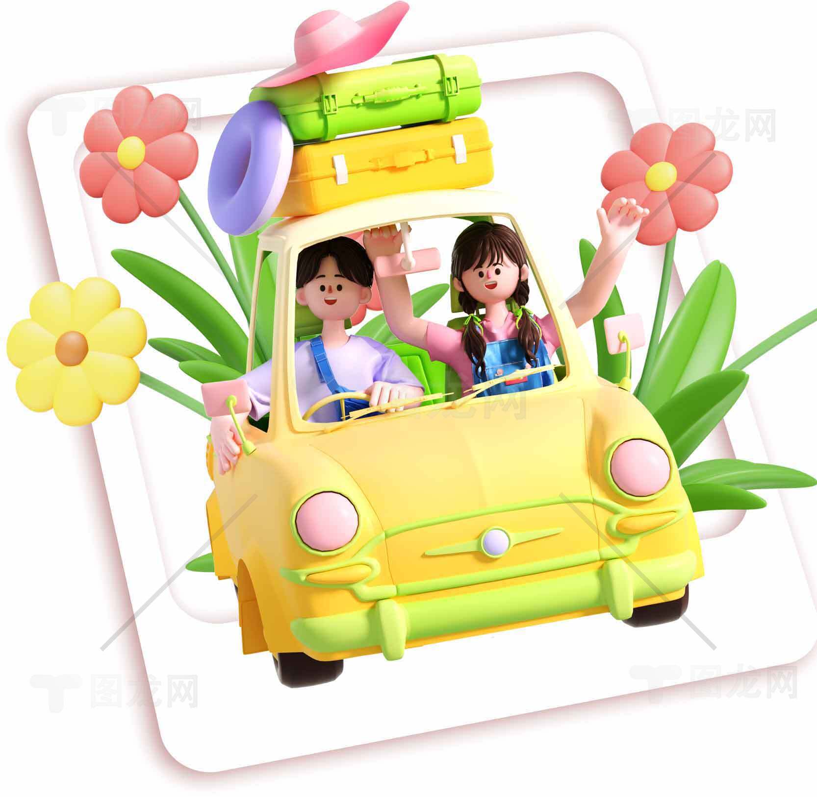 欢乐卡通风格自驾游插画图片素材