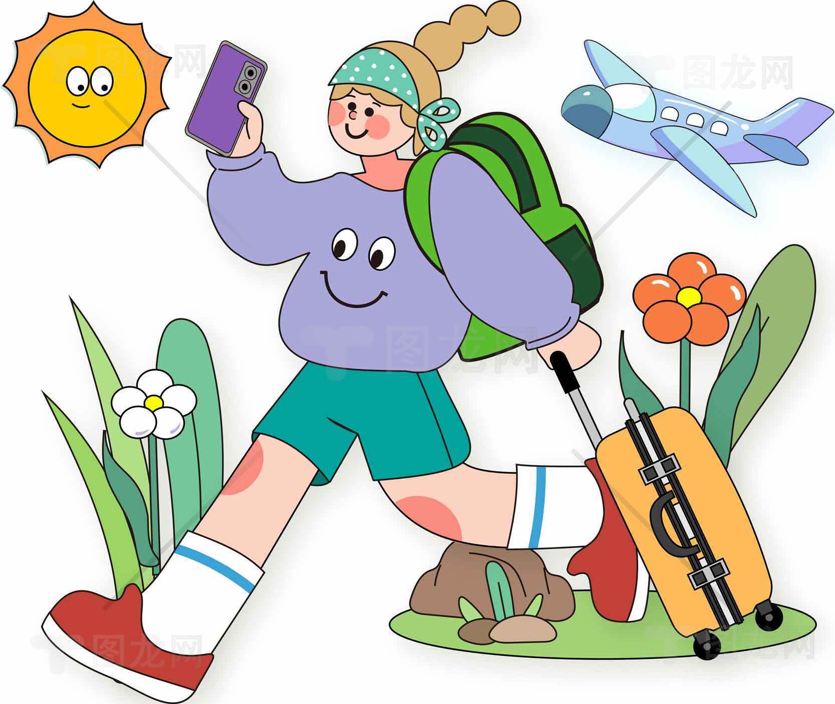 旅行插画：背包女孩与行李箱的冒险旅程素材