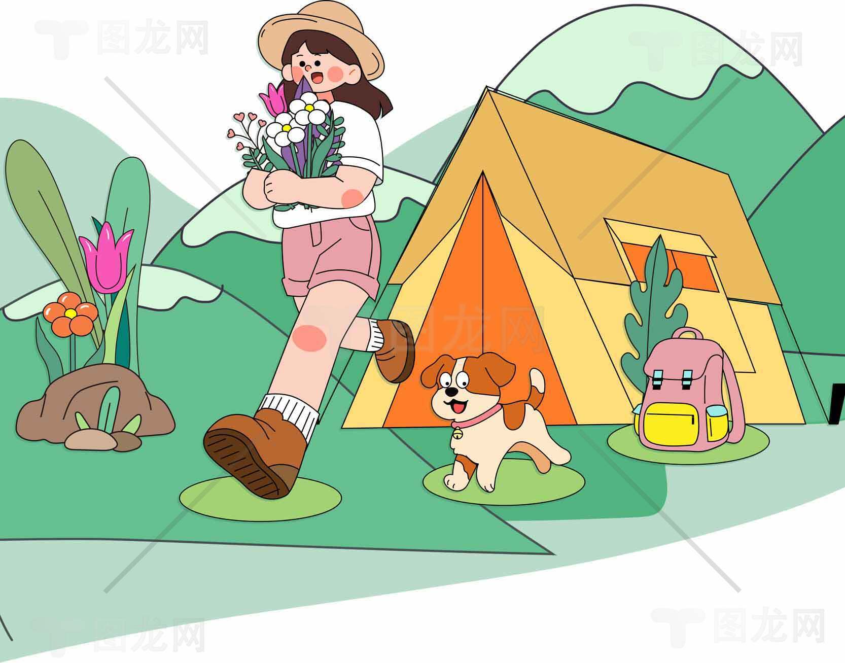 春日郊游插画：女孩与狗狗的露营时光素材