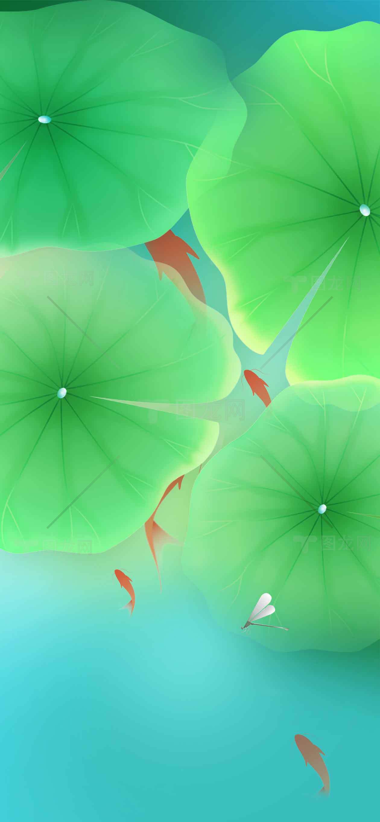 清新荷叶与锦鲤水景插画背景素材