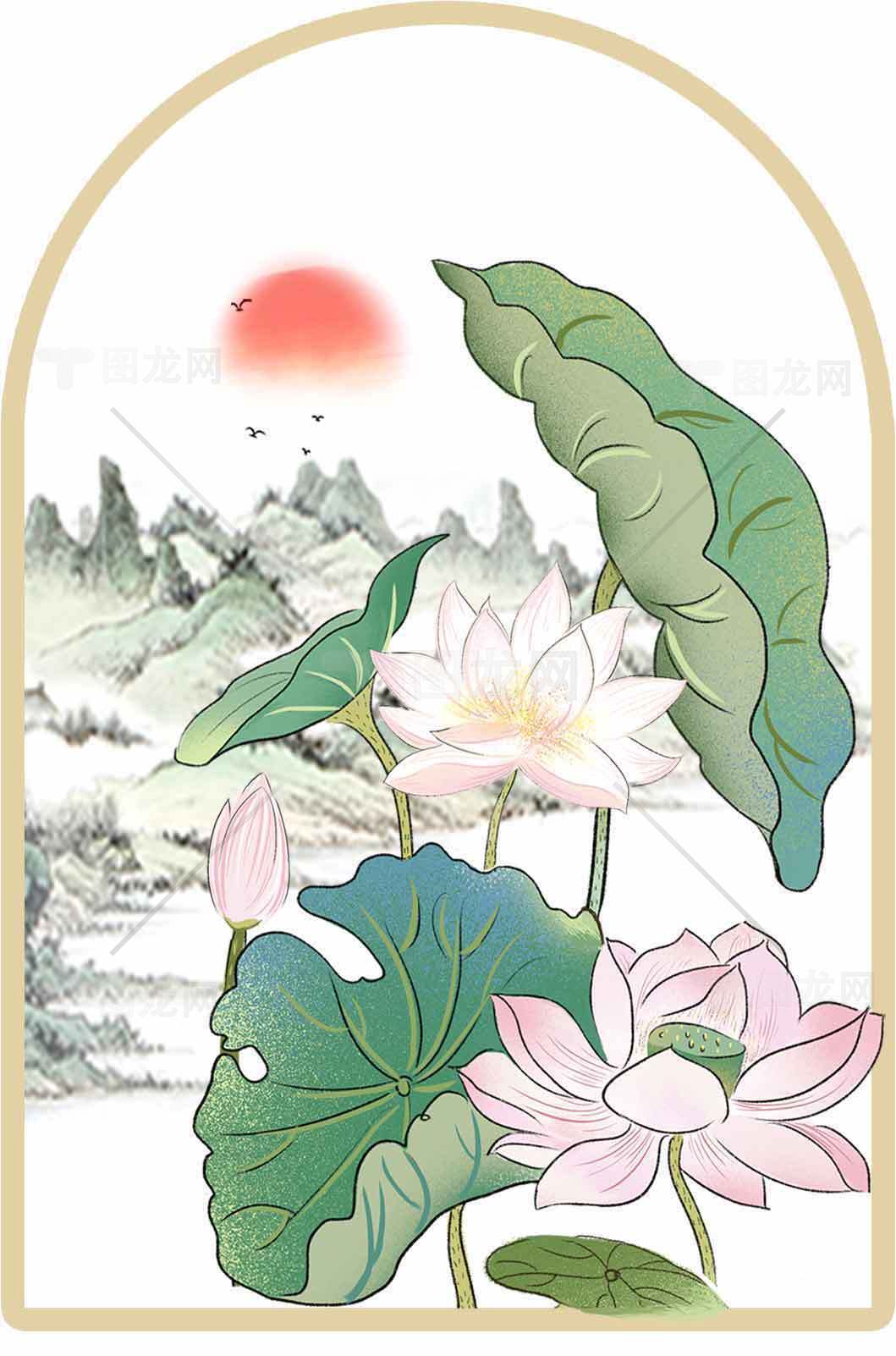唯美中国风荷花插画背景图片素材