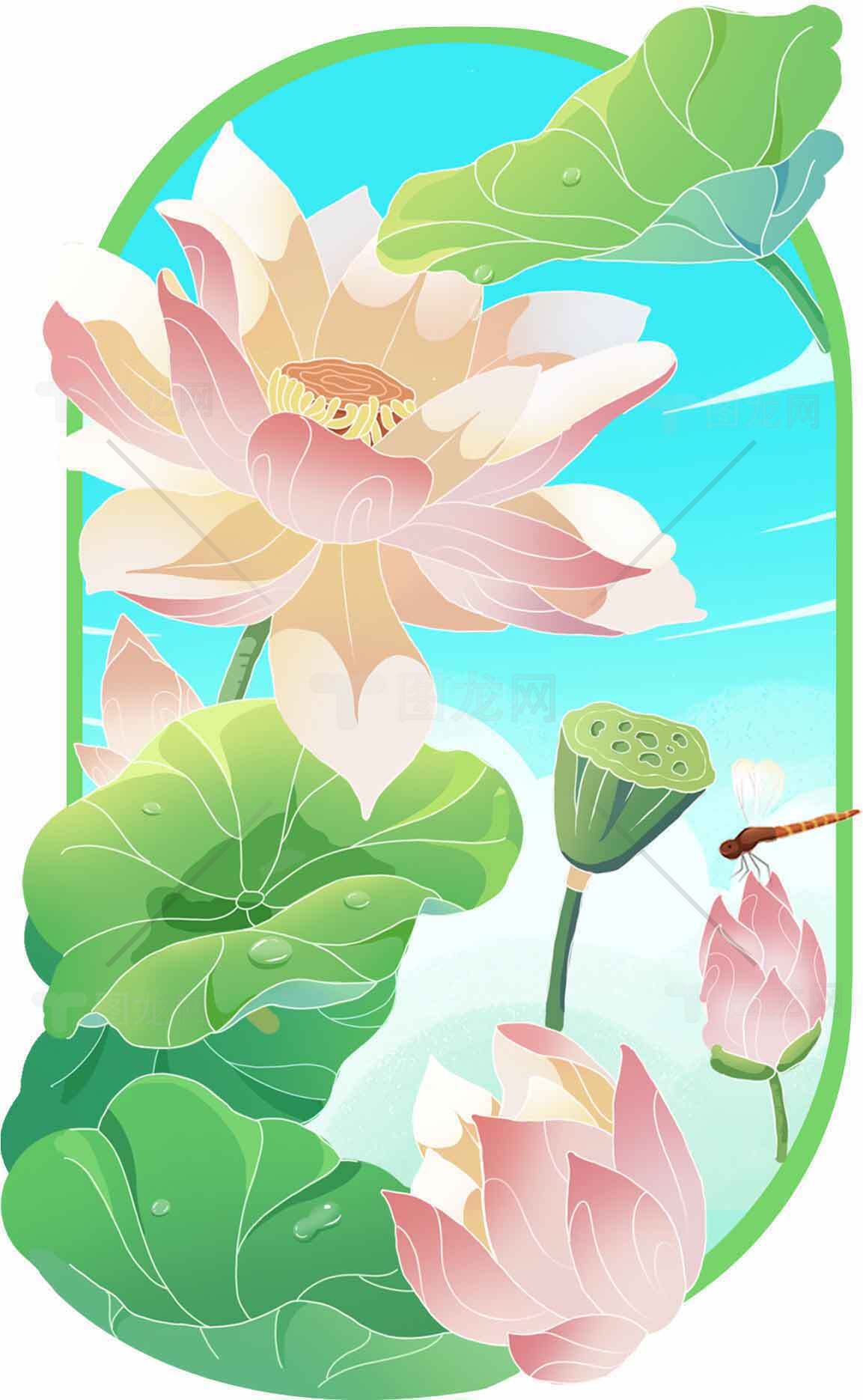清新荷花插画：夏日荷塘与蜻蜓的唯美画面素材