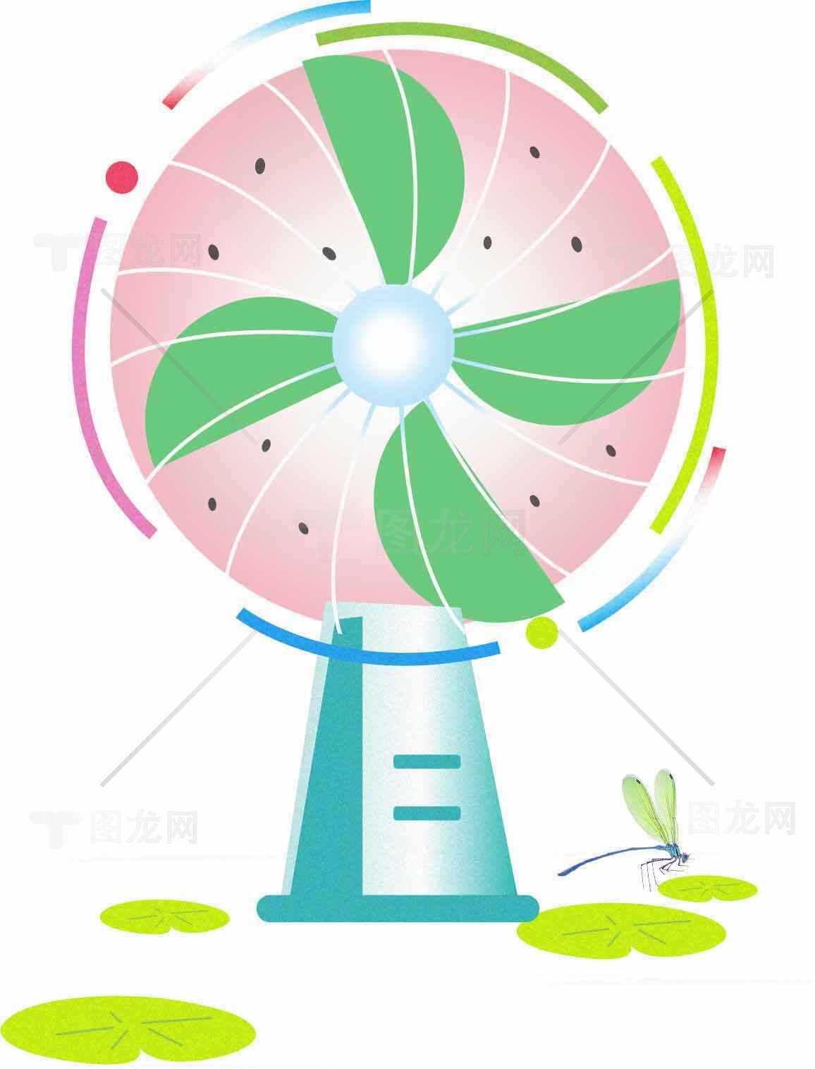 西瓜风扇与夏日清凉插画设计素材