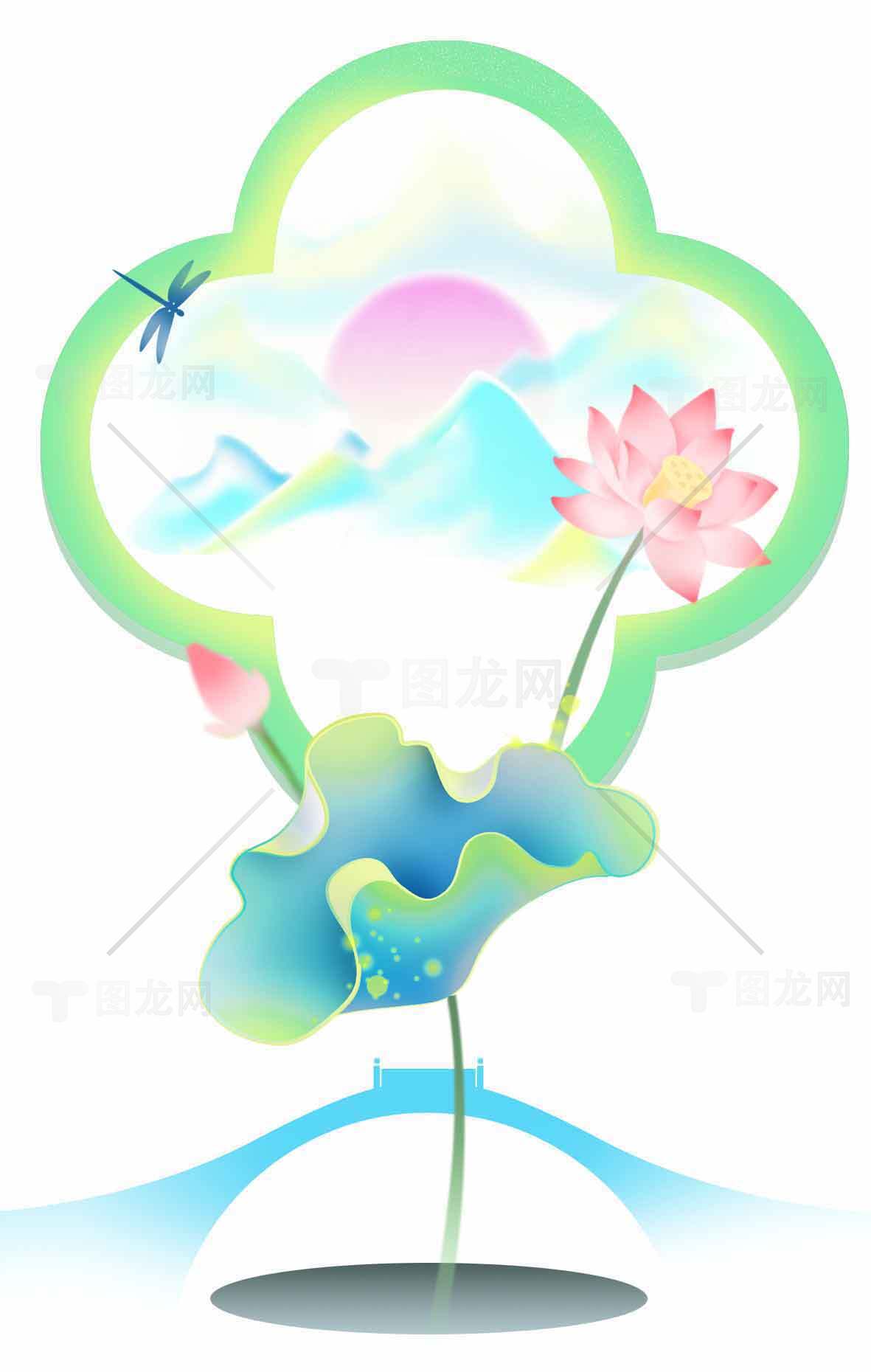 唯美荷花与山水意境插画设计素材