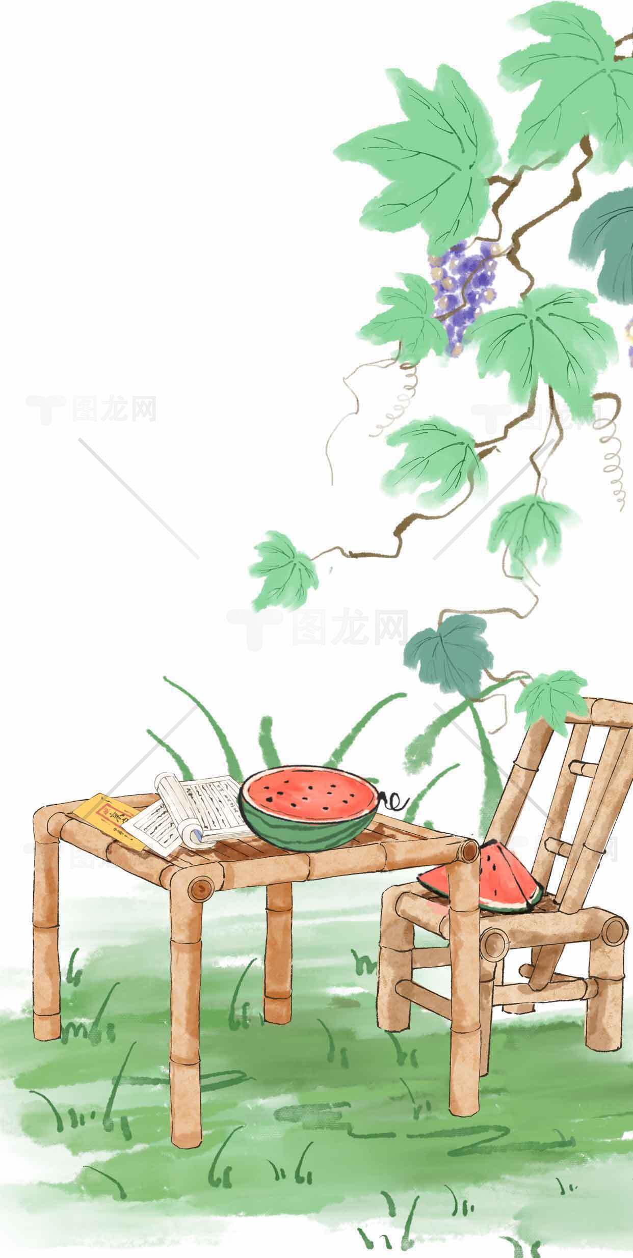 夏日田园风格插画：西瓜与竹椅的清新时光素材