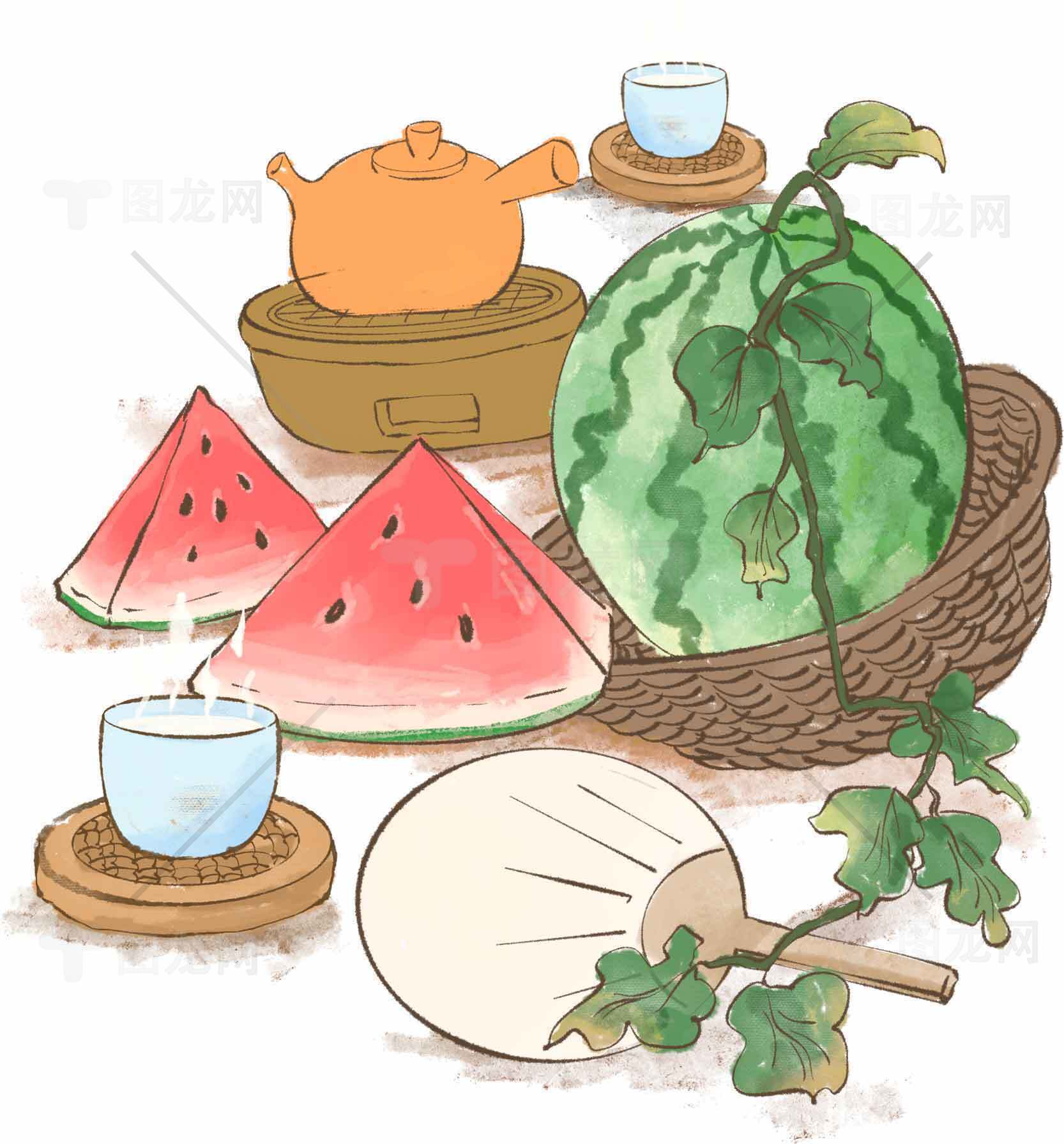 夏日清凉插画：西瓜与茶的田园风情素材