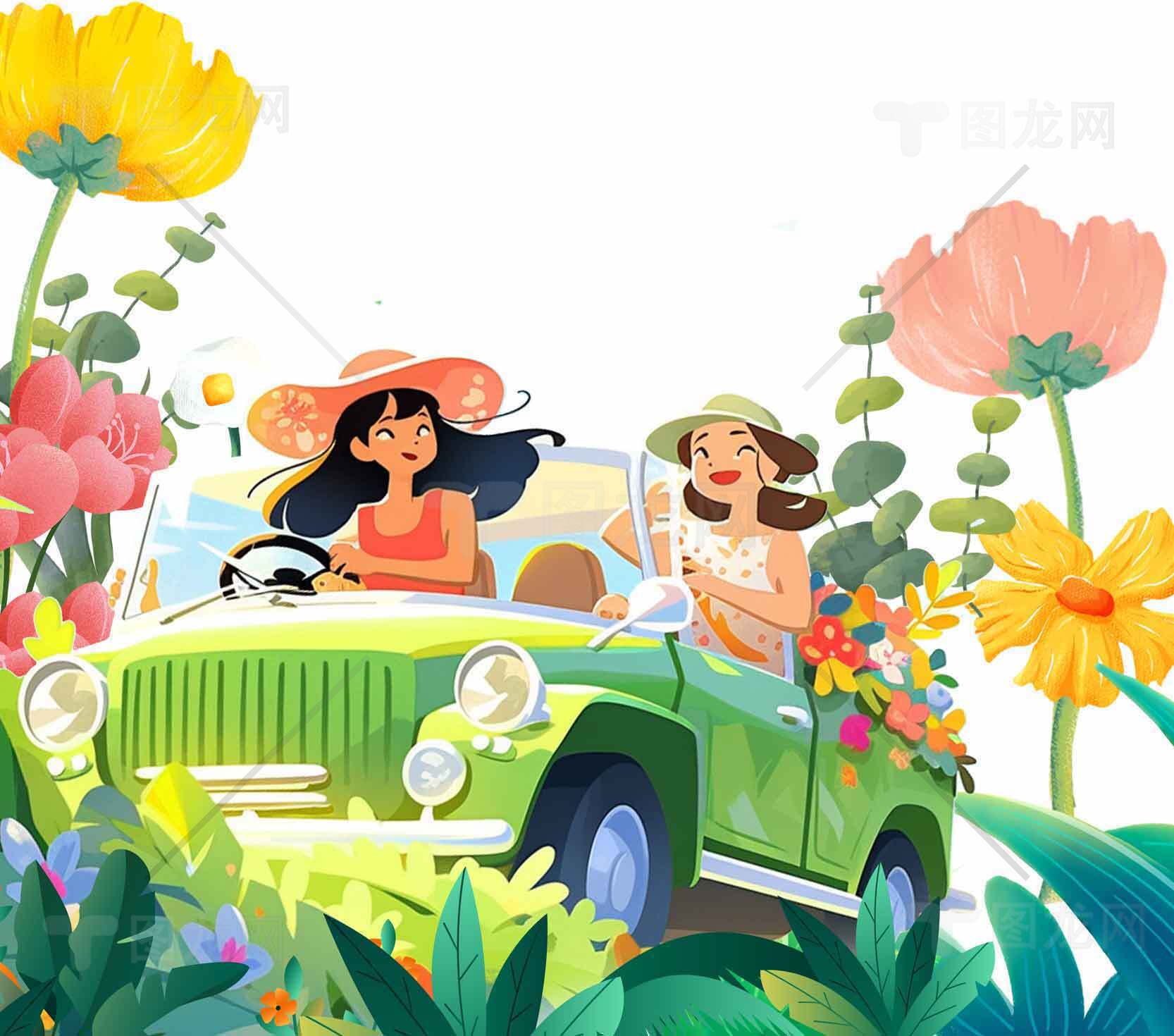 春日郊游插画：绿色复古汽车与花卉装饰素材