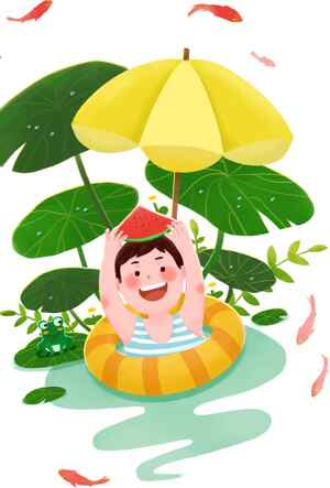 夏日清凉插画：西瓜女孩与荷叶池塘