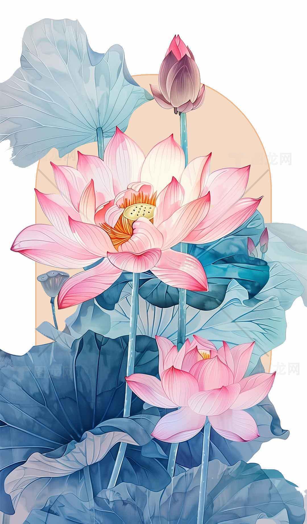 唯美手绘荷花插画背景图片素材
