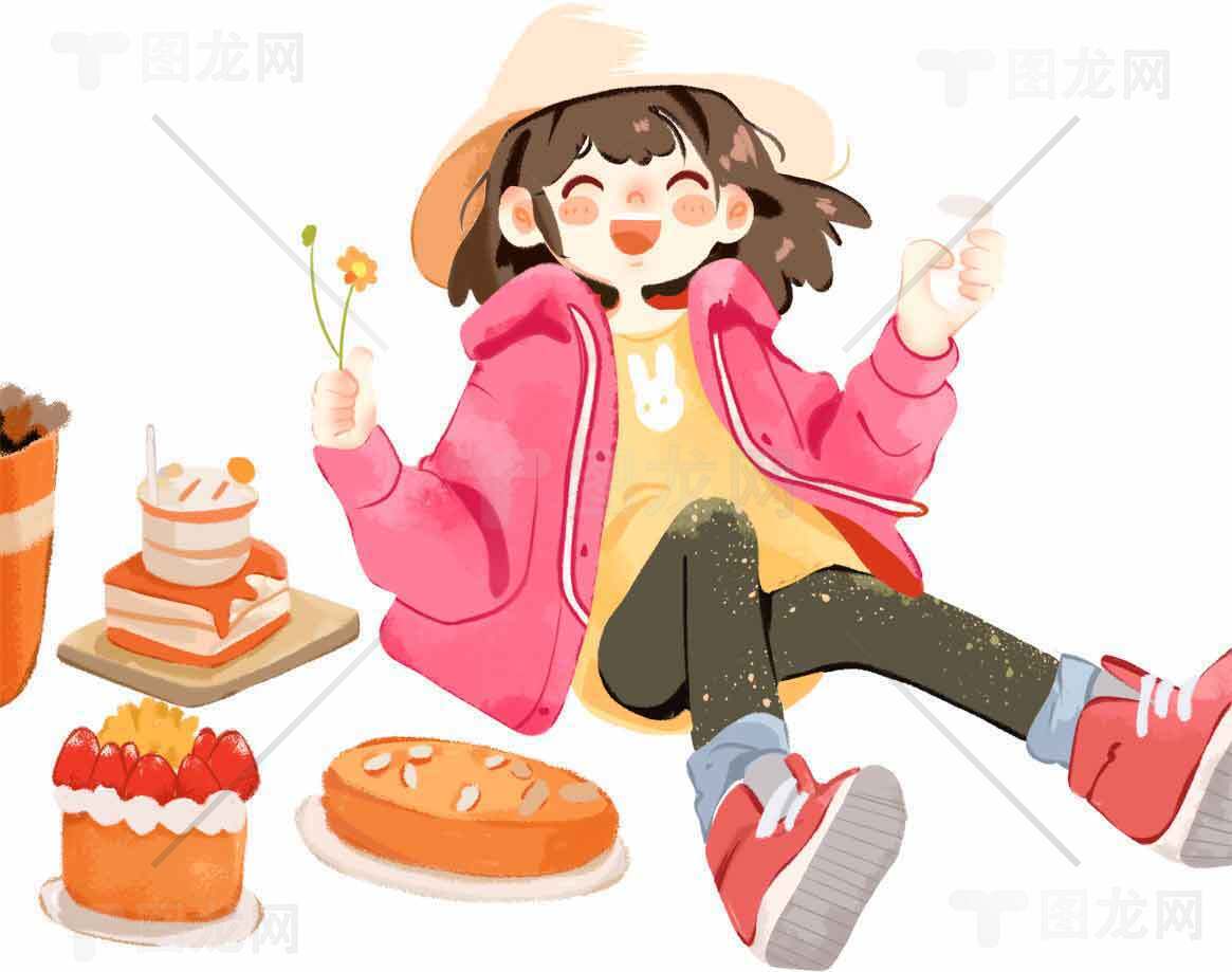 可爱女孩与甜点插画设计素材