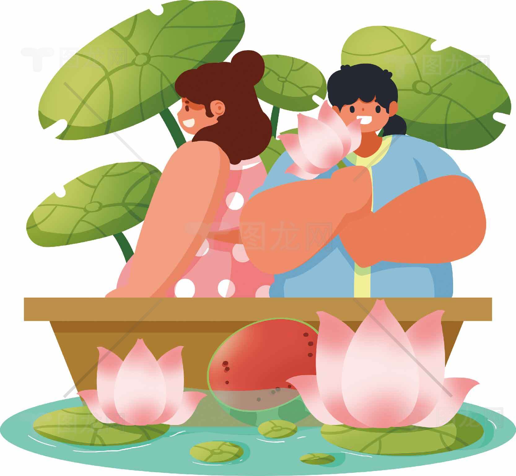 夏日荷花与情侣插画设计素材