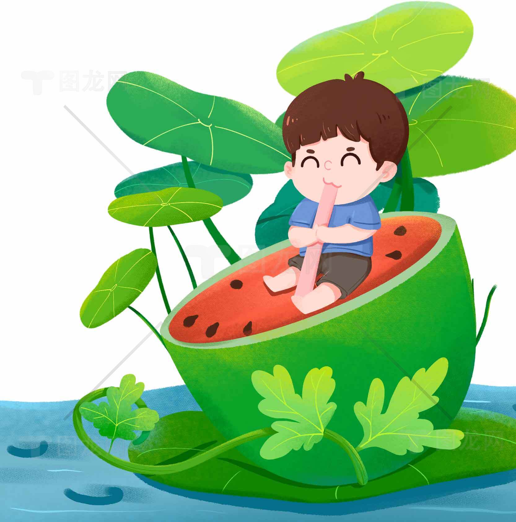 夏日清新卡通插画：西瓜与荷叶的童趣场景素材