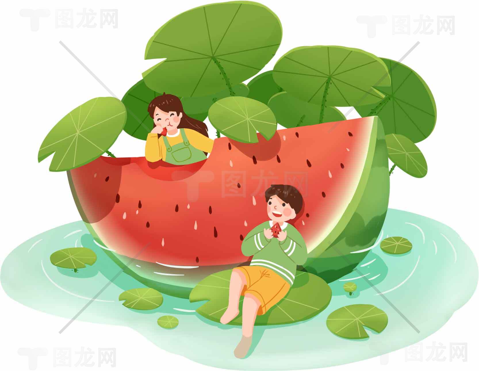 夏日清新西瓜童趣插画素材