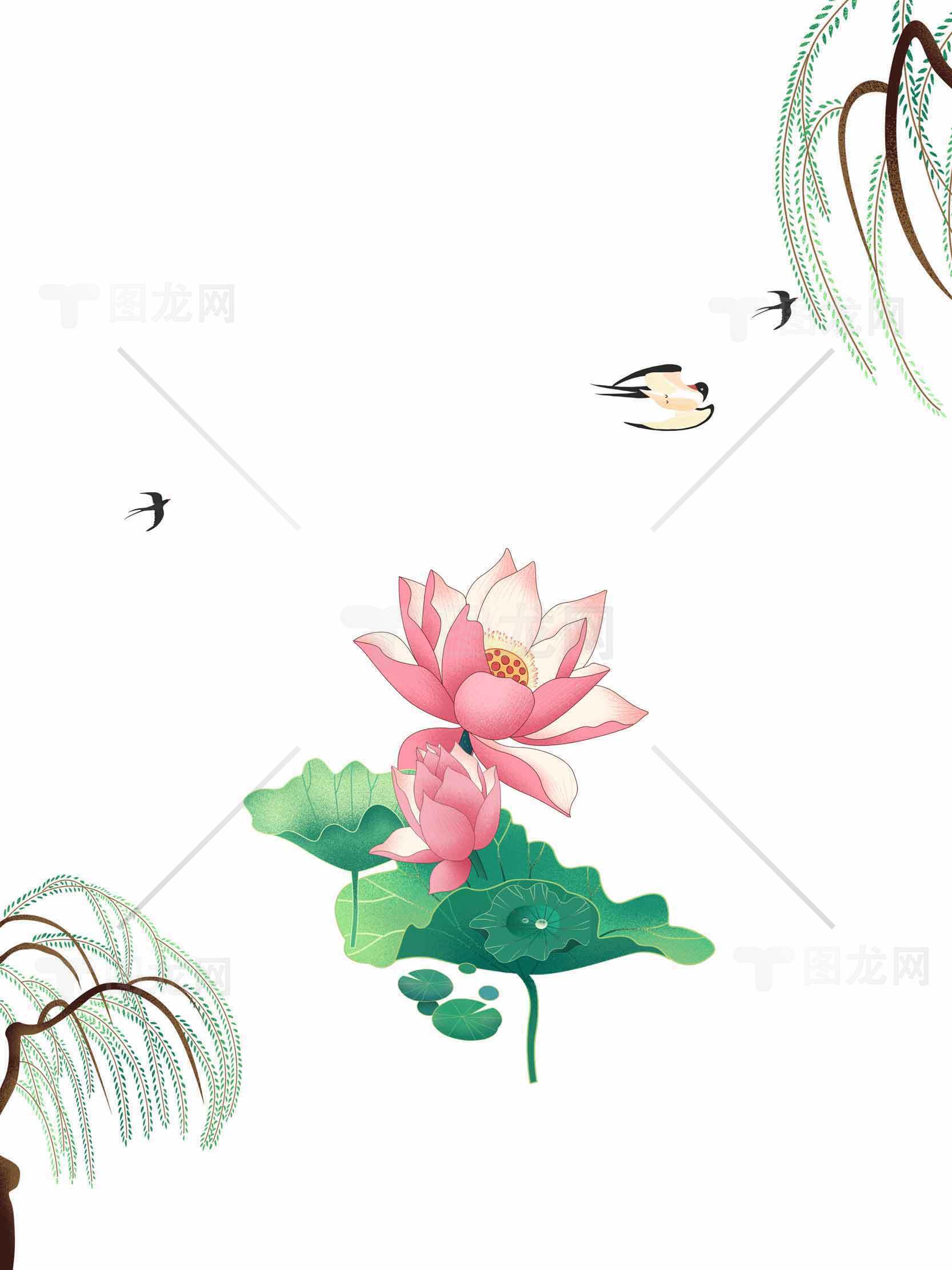 唯美荷花与柳树水墨画背景图片素材