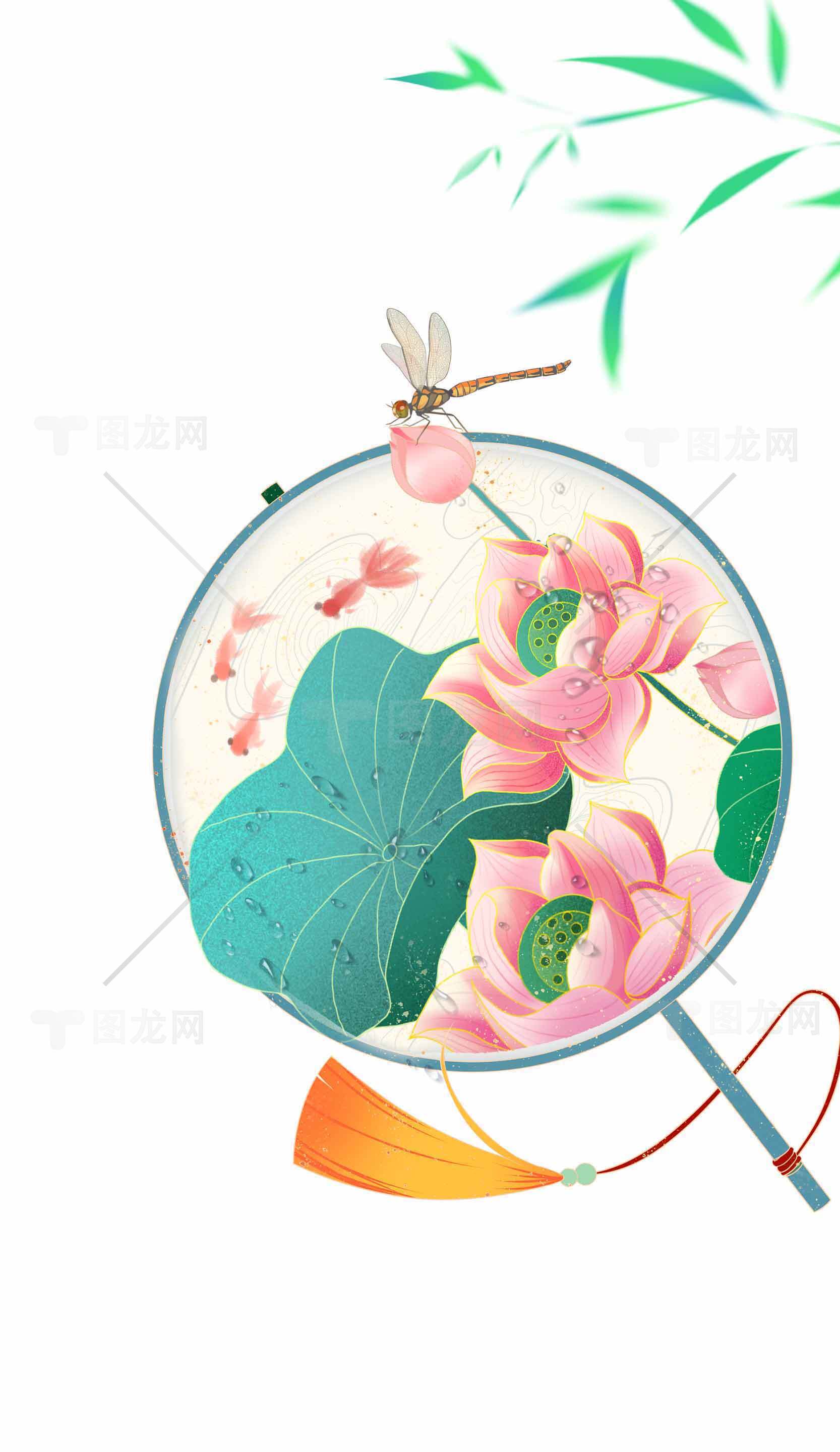 唯美荷花团扇插画设计素材