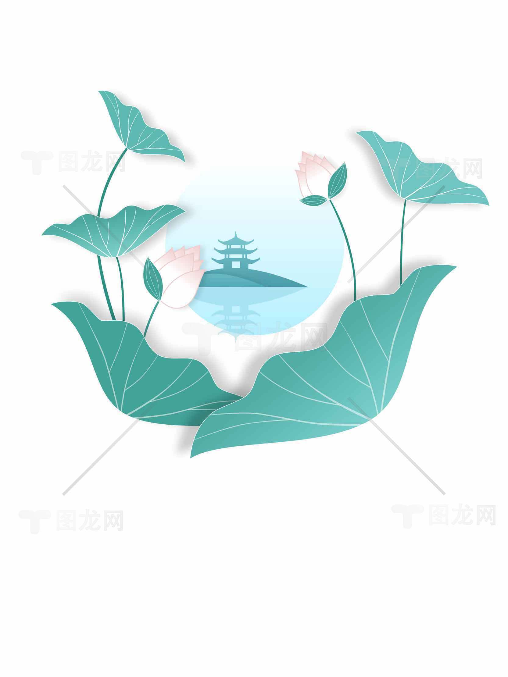 荷叶与湖中亭台插画背景图片素材