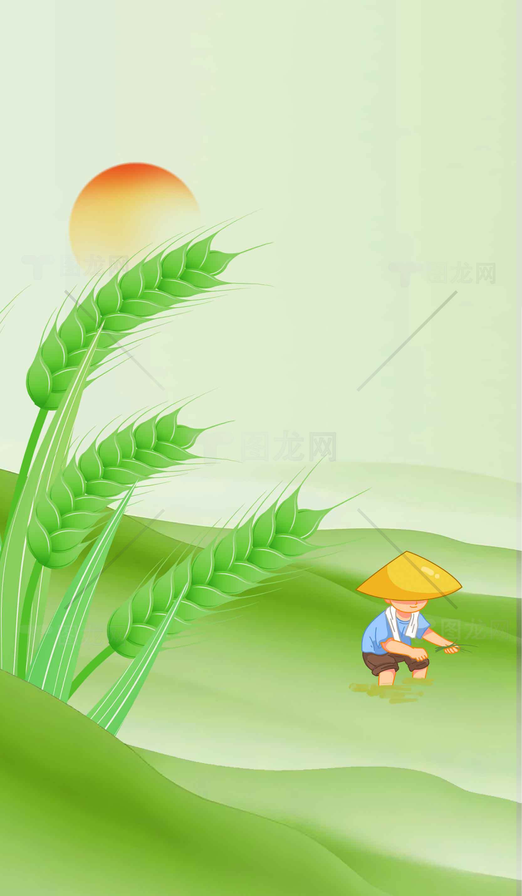 田园风光插画：农民与麦田的清晨景象素材