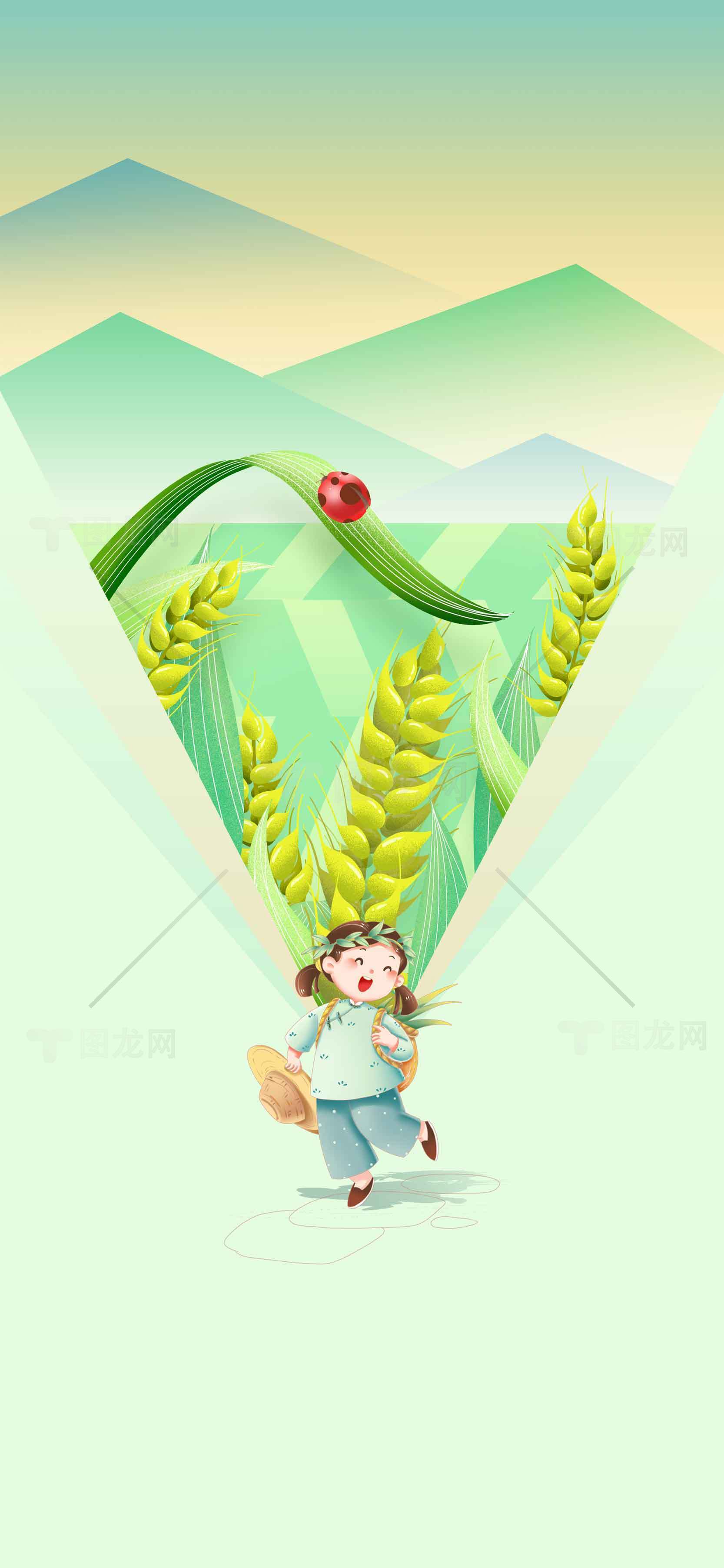 田园风光插画：小女孩与麦田的童趣时光素材