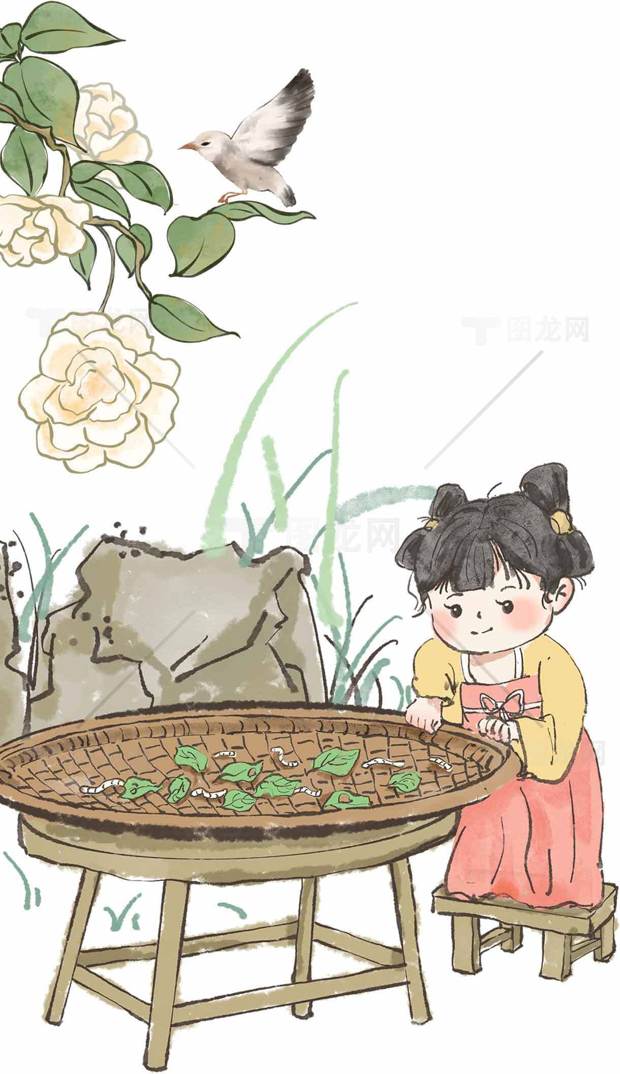 田园风格插画：女孩与自然的和谐场景素材