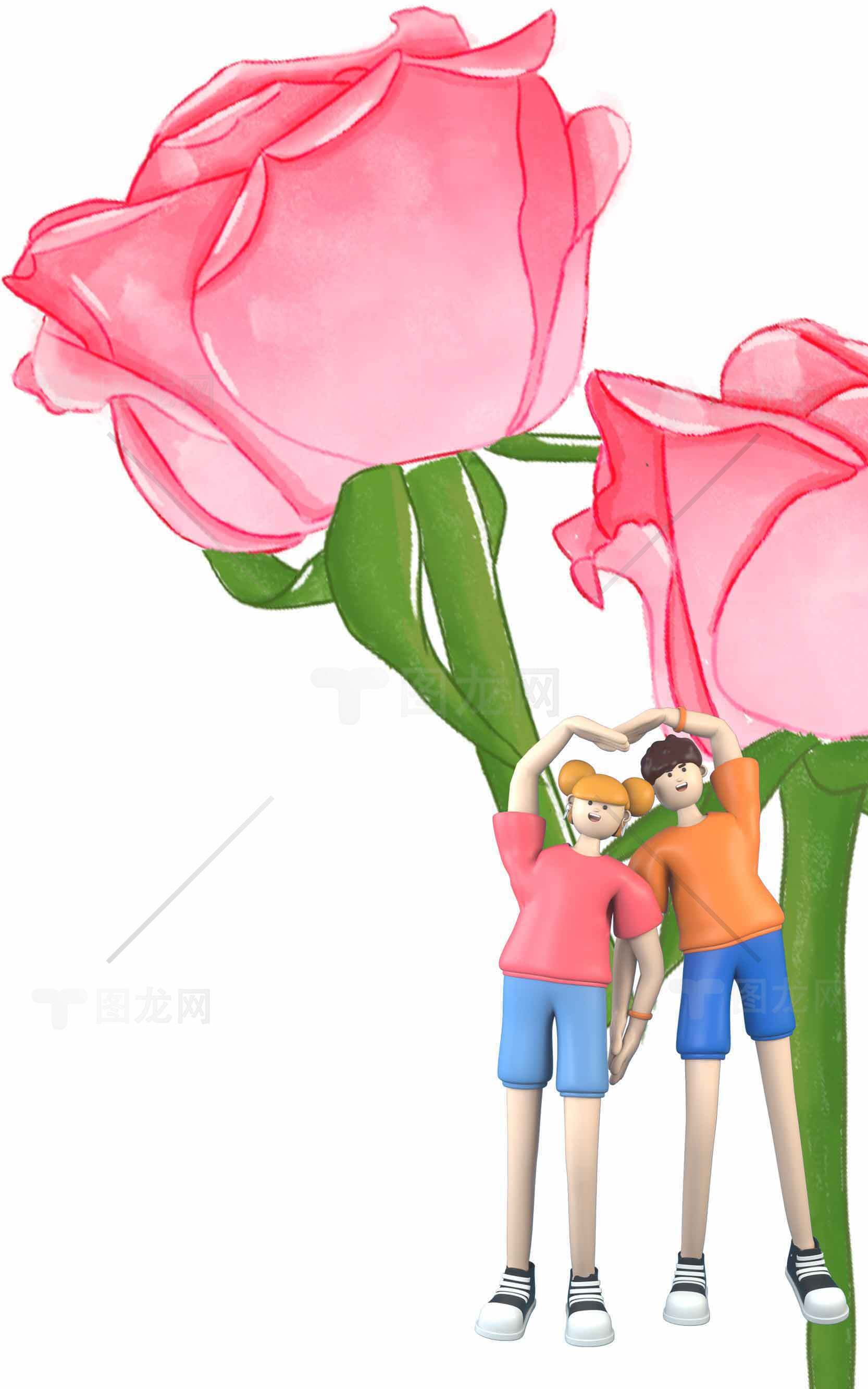 浪漫玫瑰与卡通情侣插画设计素材