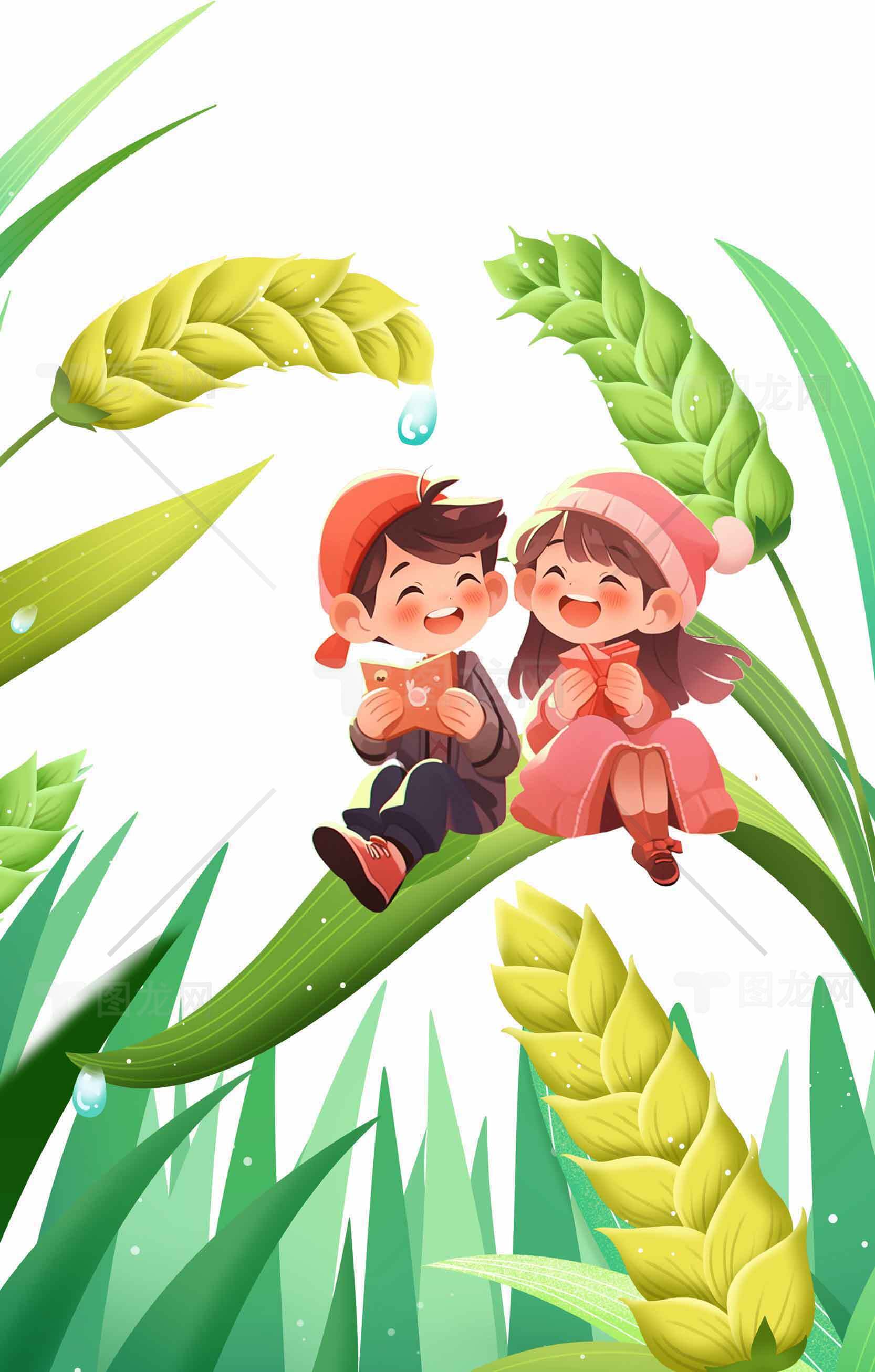童趣田园风插画：快乐的孩子与麦穗素材