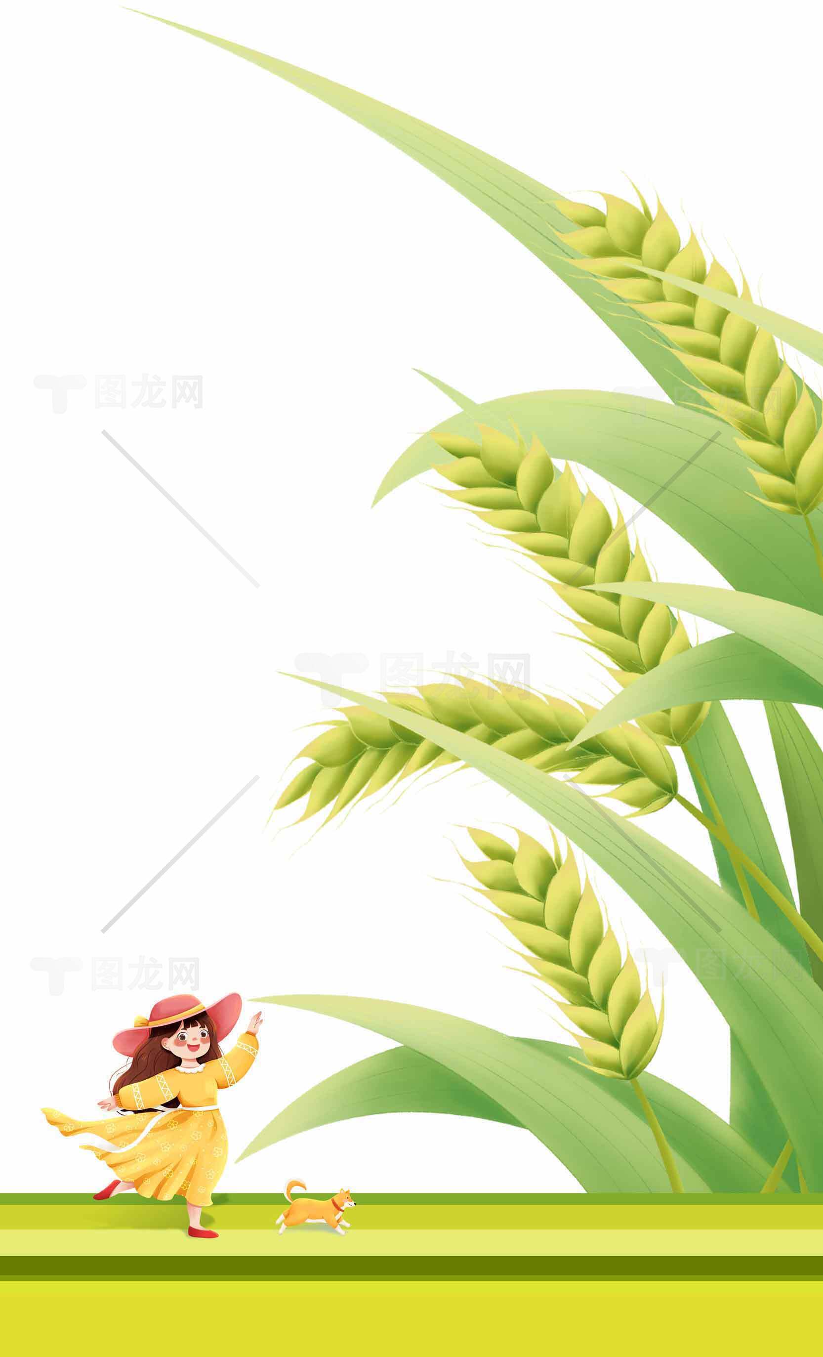 田园风光插画：麦穗与女孩的清新场景素材