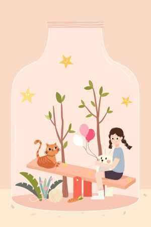 童趣插画：瓶中世界里的女孩与猫