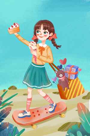 女孩滑板生日派对插画