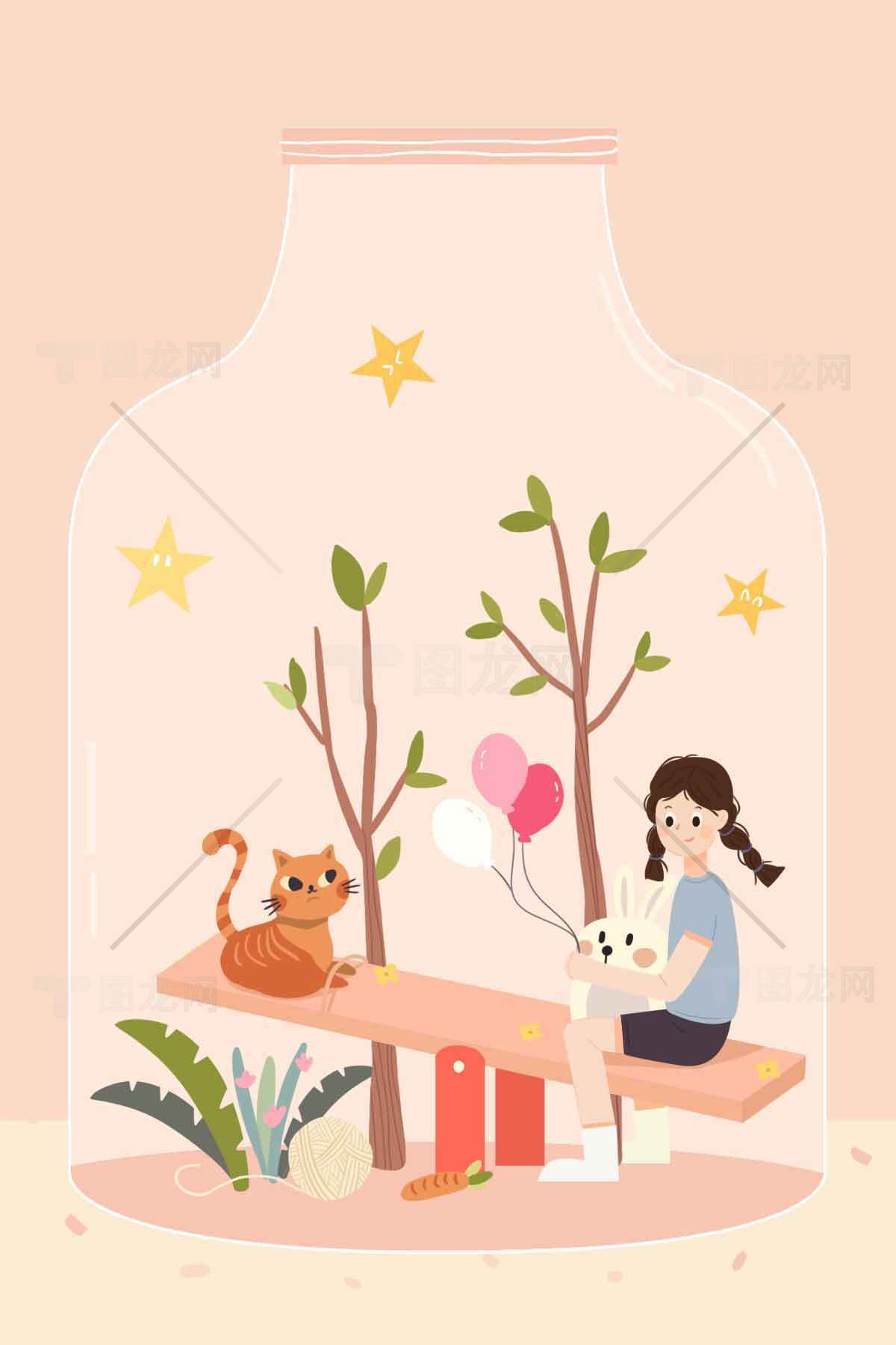 童趣插画：瓶中世界里的女孩与猫素材