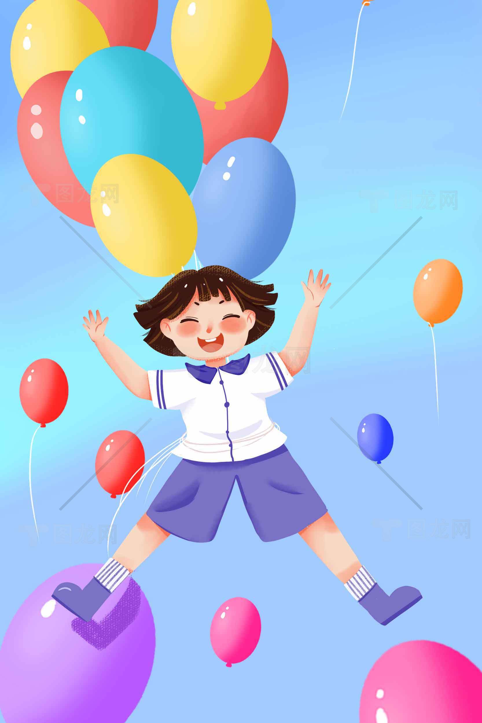快乐儿童与彩色气球插画素材