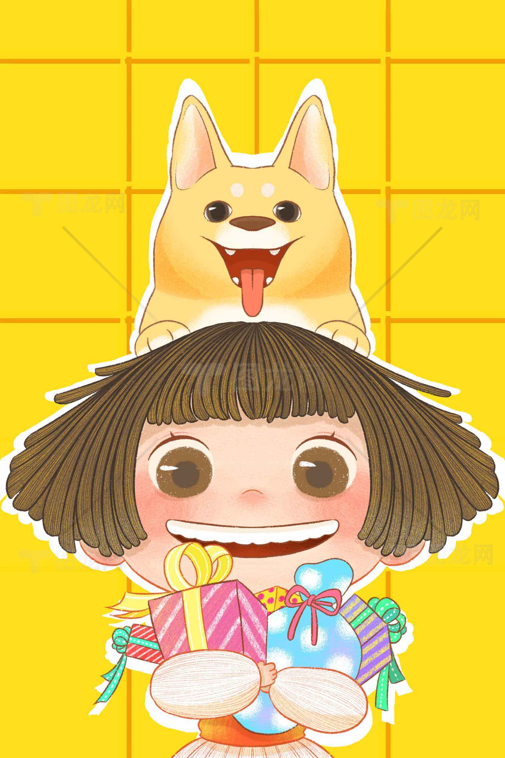 可爱卡通女孩与狗狗的欢乐时光插画素材