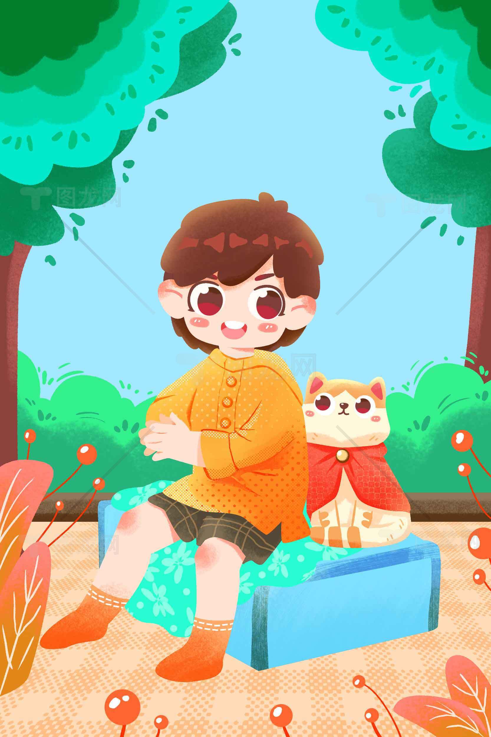 可爱卡通风格儿童与宠物插画素材