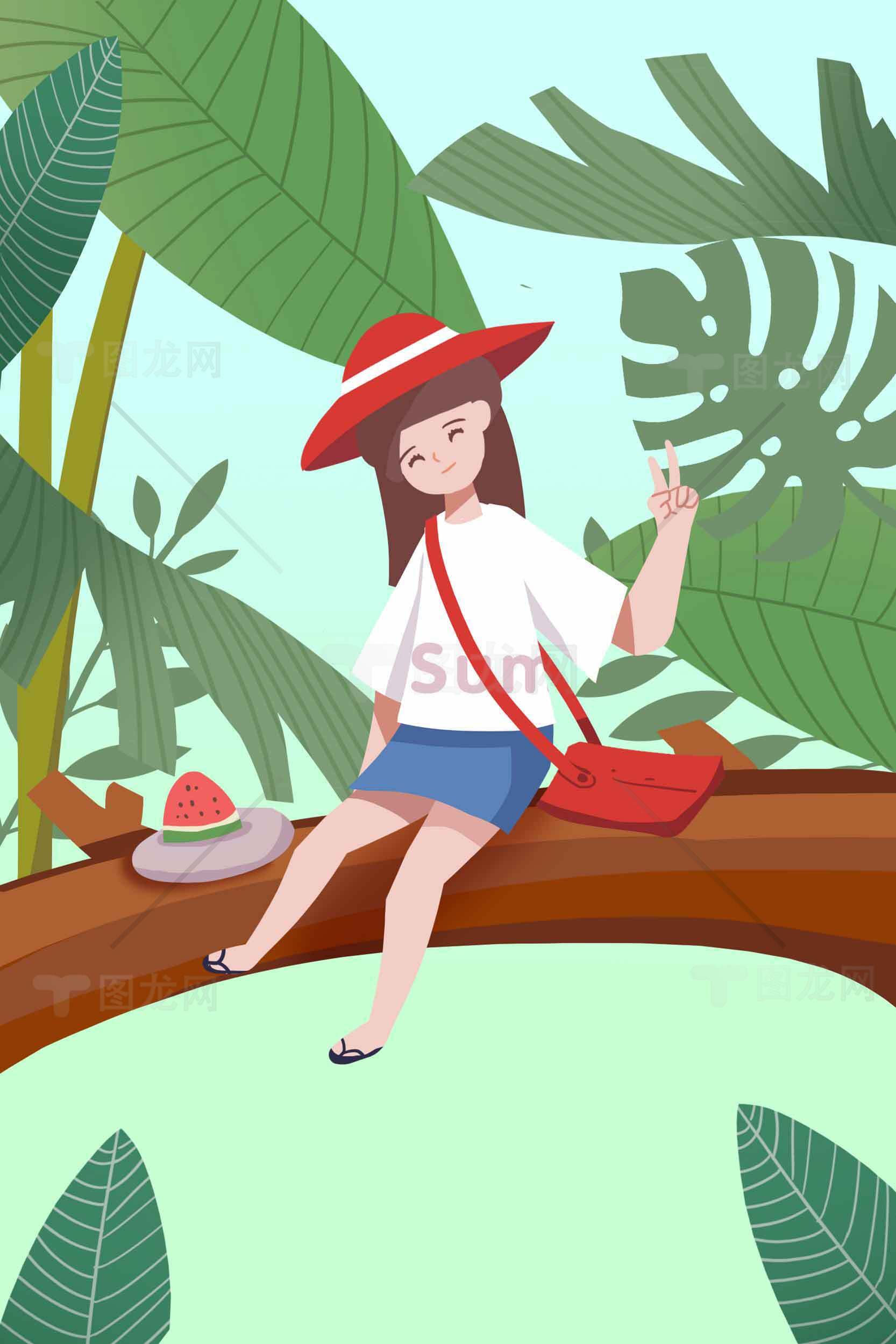 夏日森林中的悠闲时光插画素材