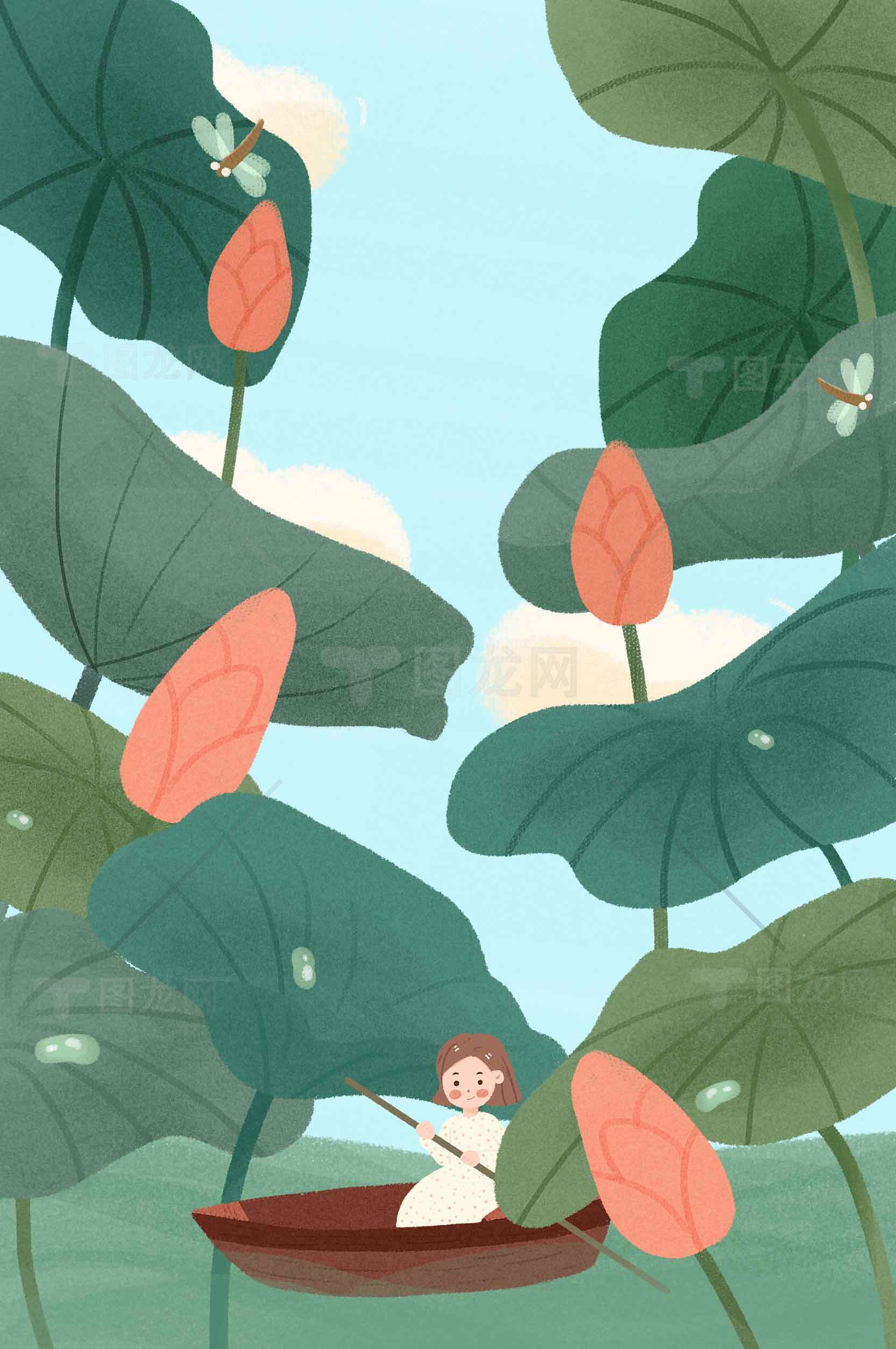 清新荷叶与小船插画背景图片素材