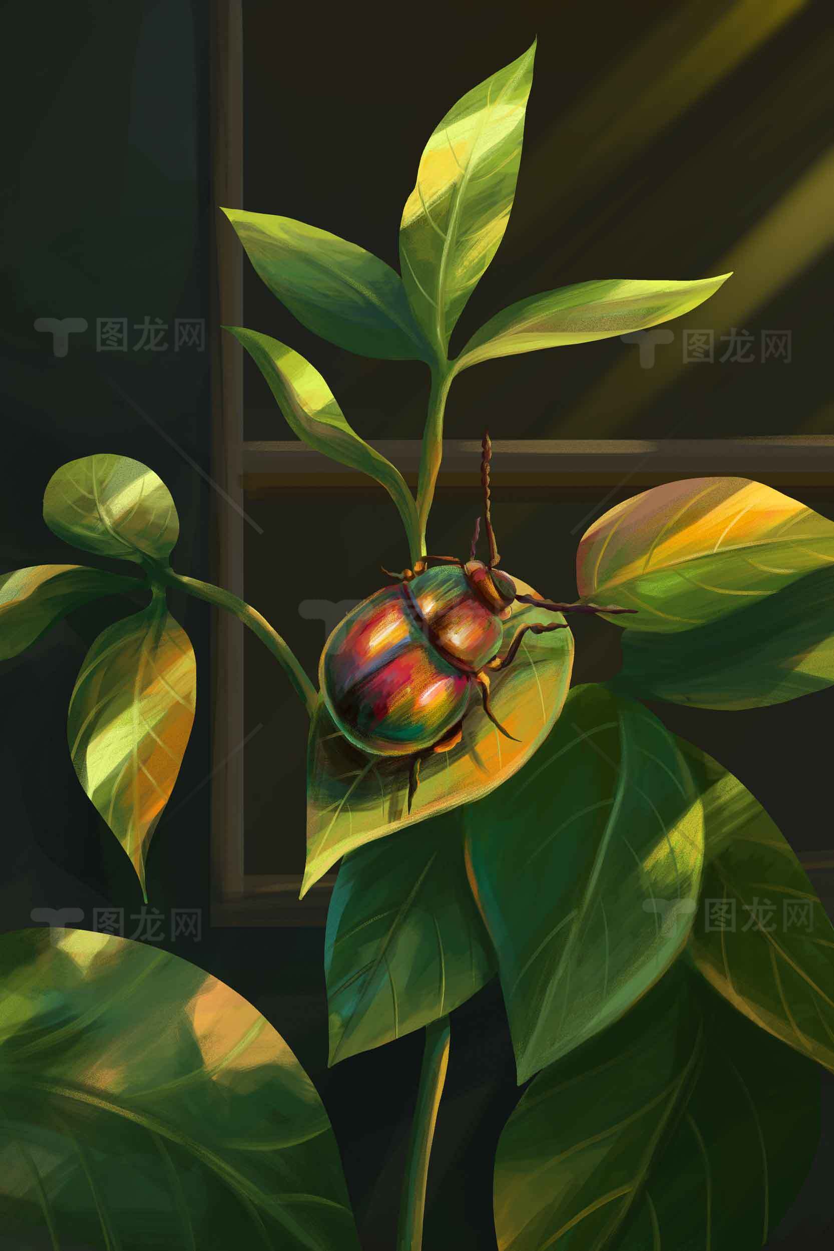 彩色甲虫与绿叶的自然艺术插画素材