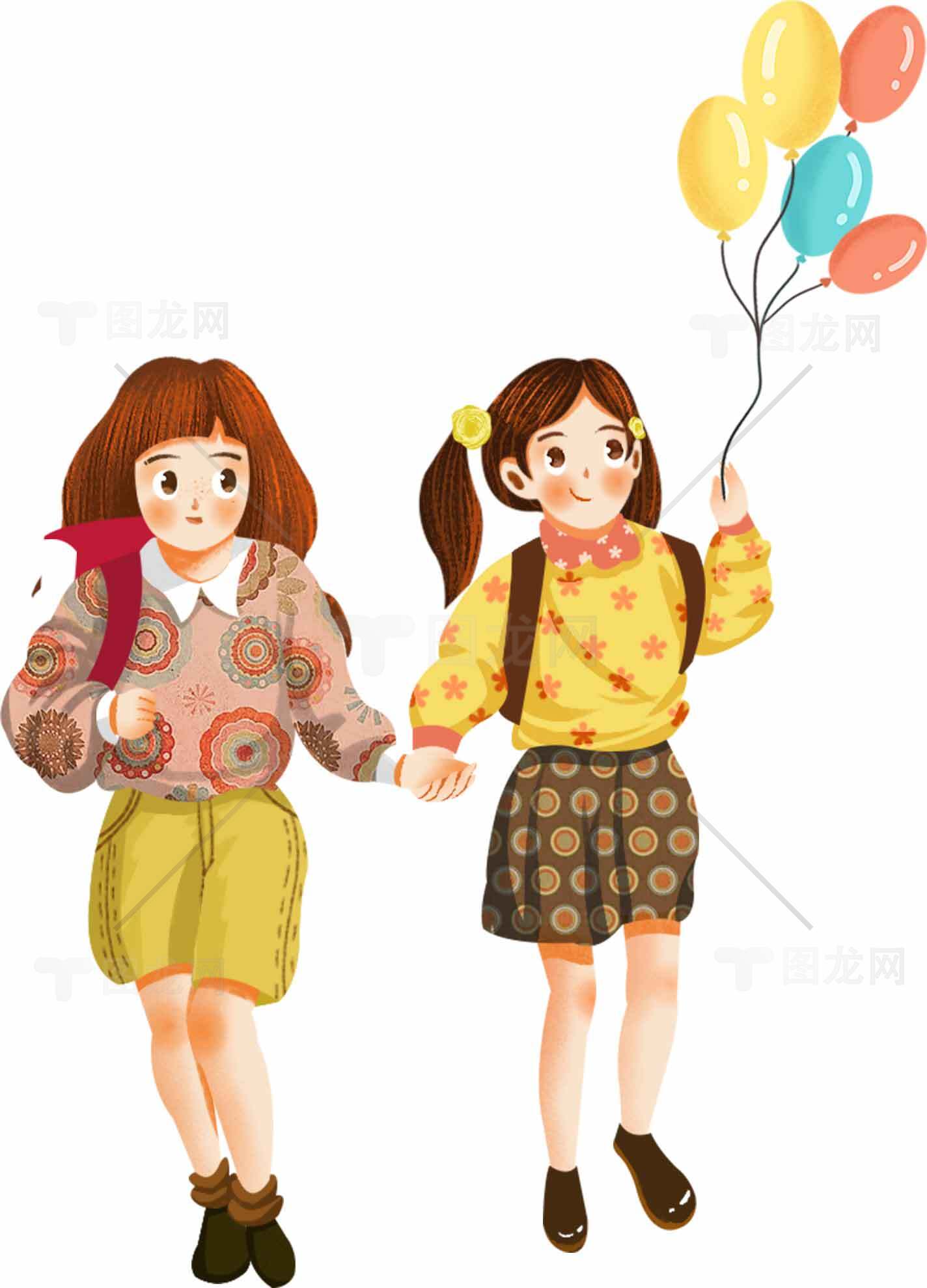 儿童手拉手与气球插画图片素材