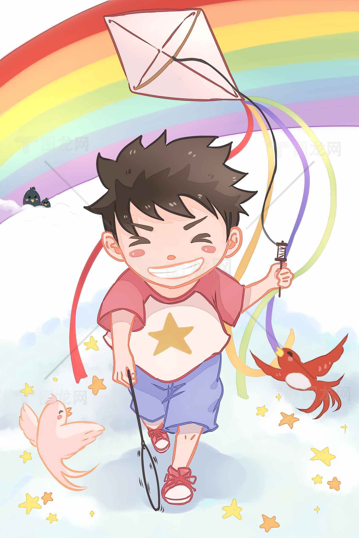 快乐童年放风筝插画素材
