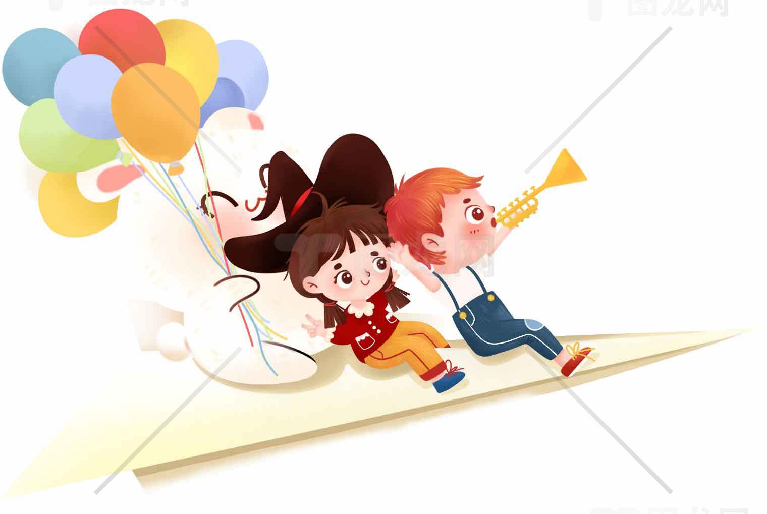 儿童欢乐纸飞机插画设计素材
