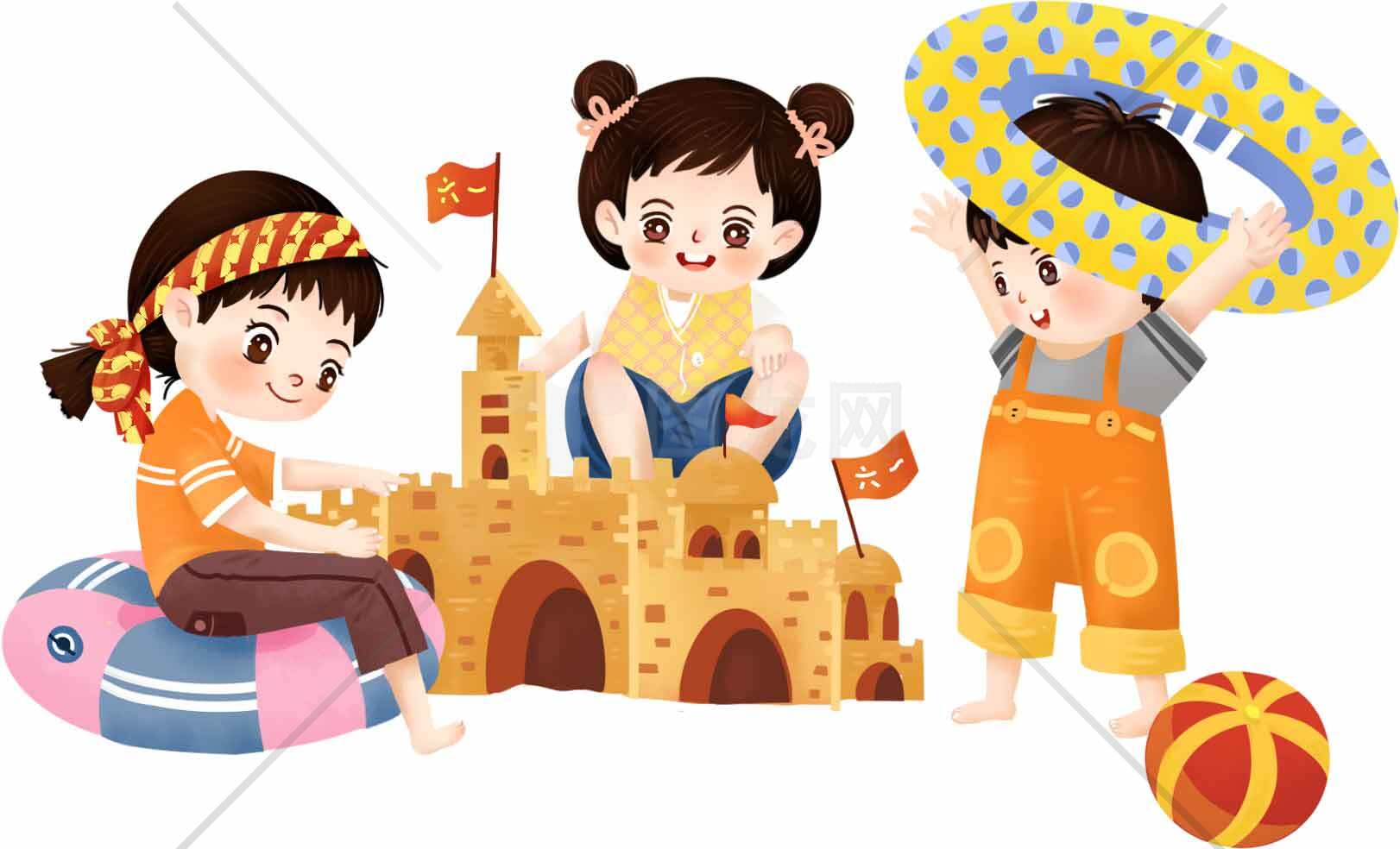 沙滩玩耍的儿童插画图片素材