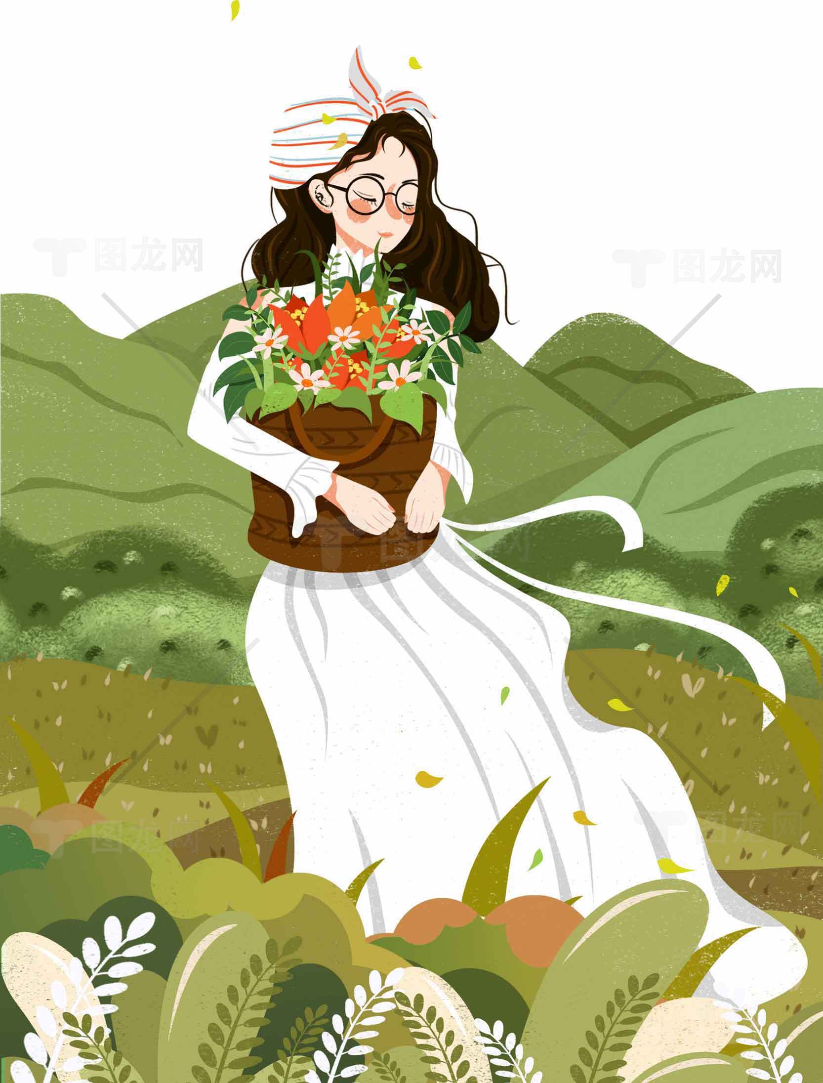 田园风格插画：女孩与花篮的自然之美素材