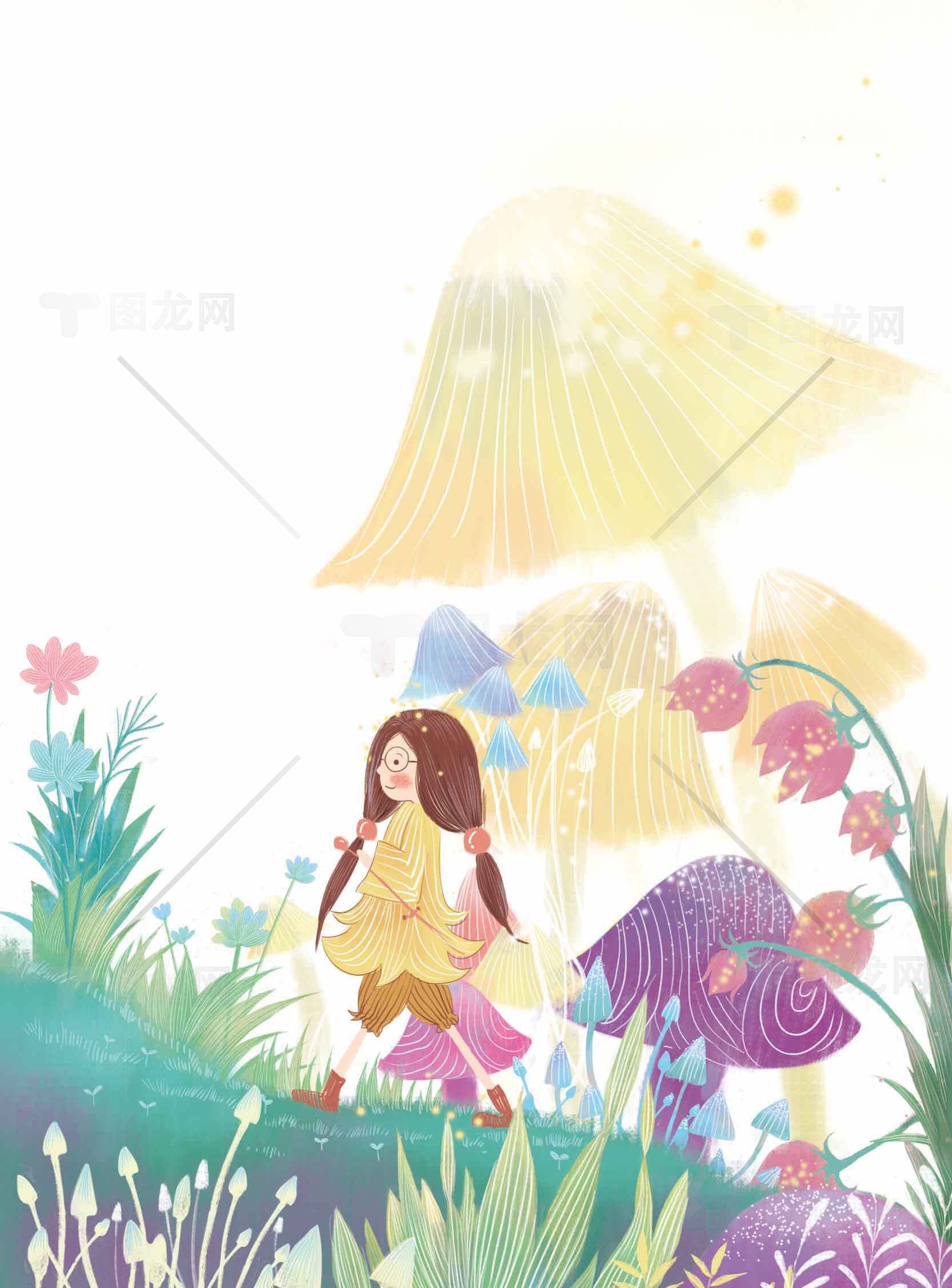 童话森林中的女孩插画素材