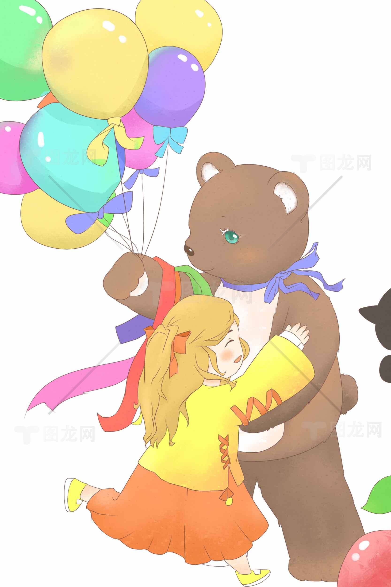 女孩与玩具熊的温馨时光插画素材