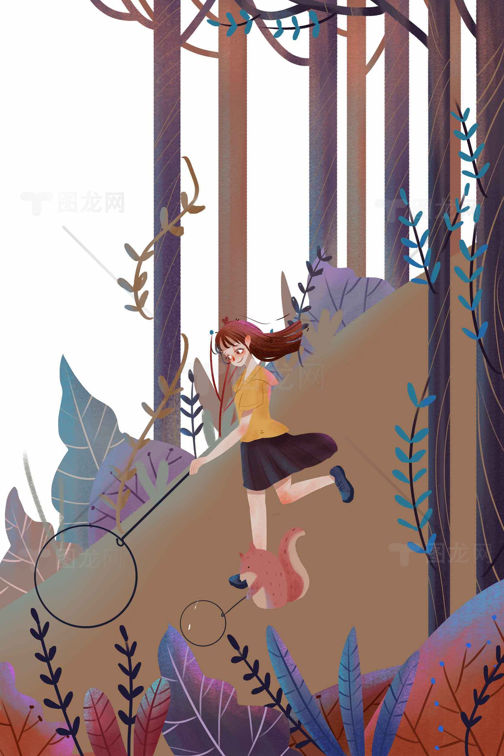 森林中的女孩与猫插画素材